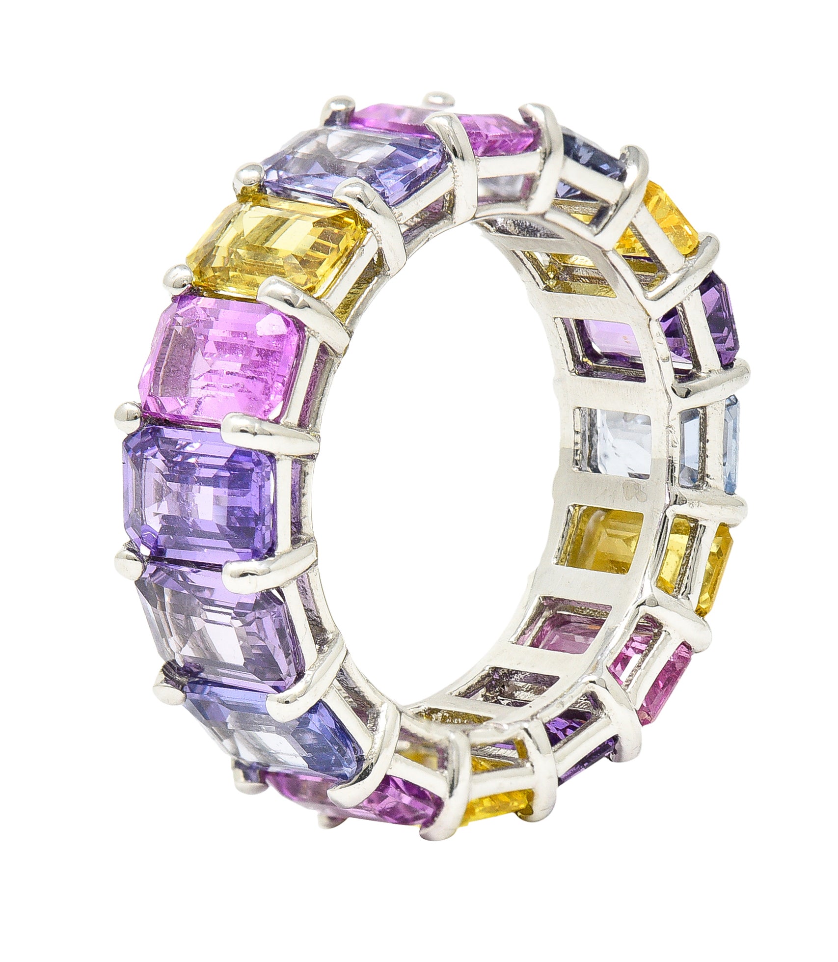 12.16 CTW Multi-Color Pink Purple Blue Emerald Cut Sapphire 18 Karat White Gold Pastel Eternity Band Ring Wilson's Estate Jewelry