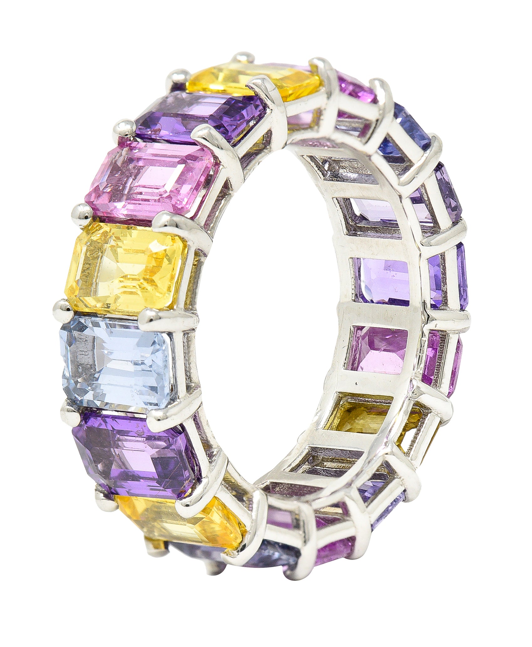 12.16 CTW Multi-Color Pink Purple Blue Emerald Cut Sapphire 18 Karat White Gold Pastel Eternity Band Ring Wilson's Estate Jewelry