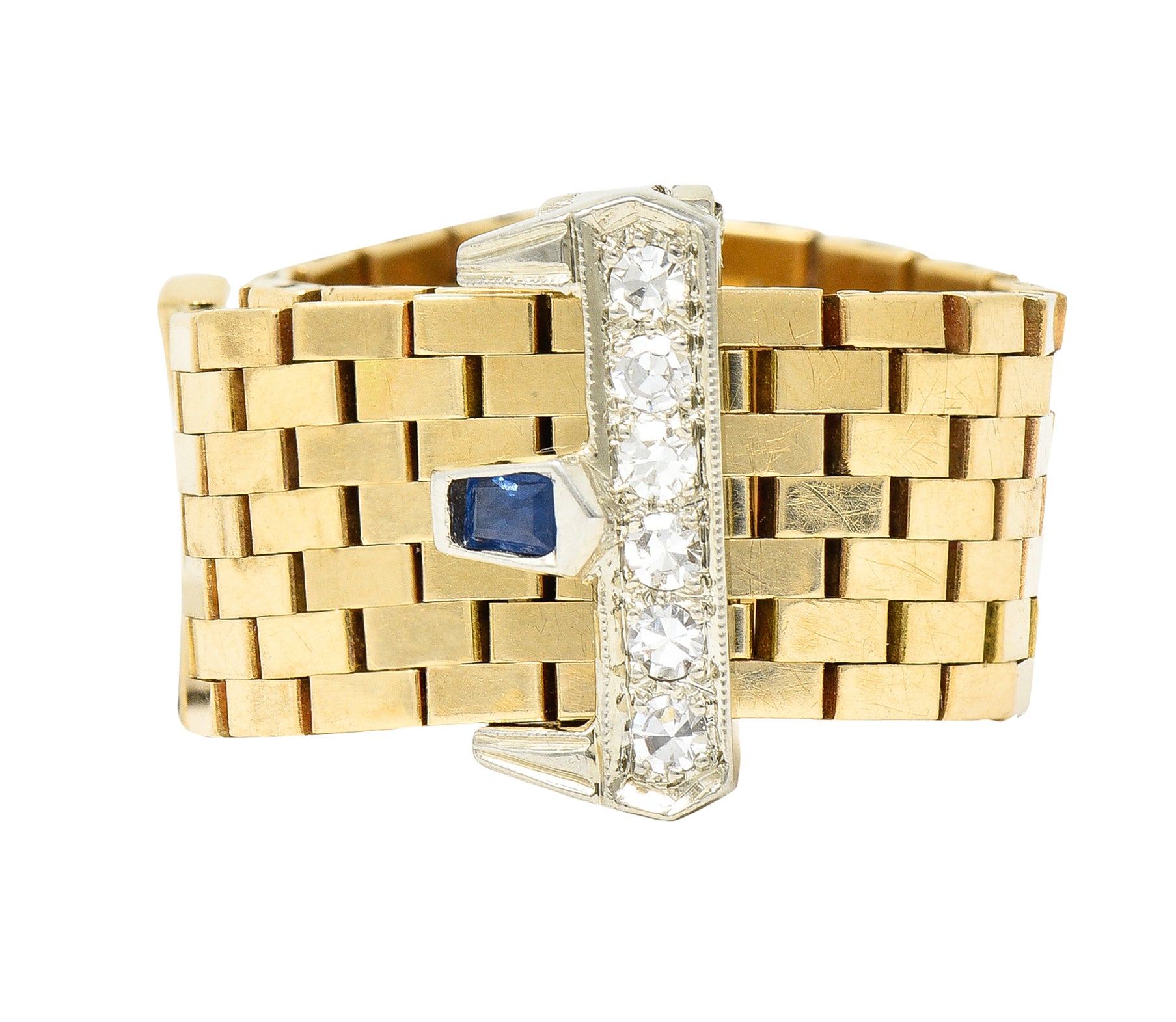 Retro 0.54 CTW Sapphire Diamond 14 Karat Two-Tone Gold Vintage Buckle Ring Wilson's Estate Jewelry