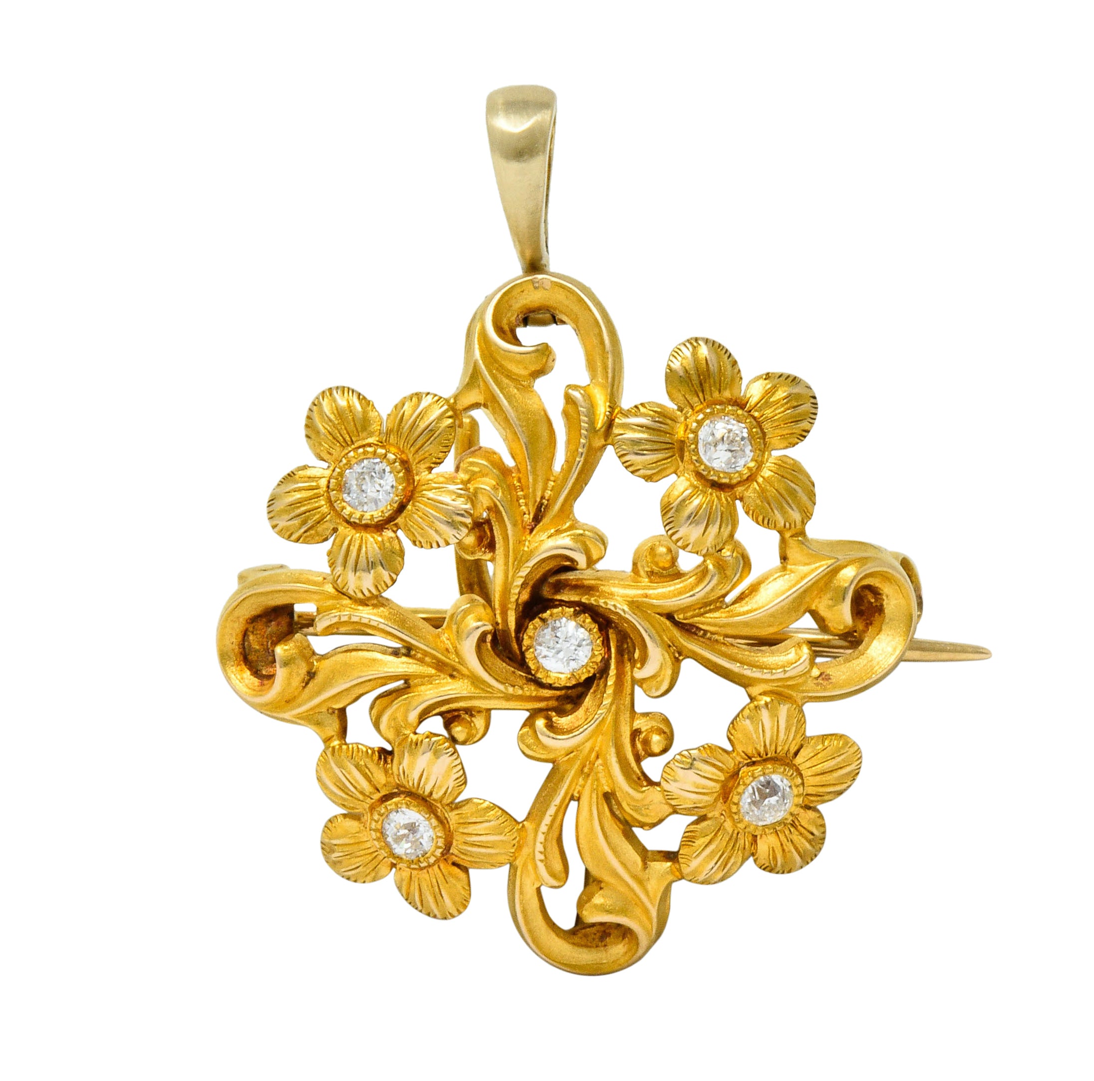 Art Nouveau Diamond 14 Karat Gold Whiplash Floral Pendant BroochBrooch - Wilson's Estate Jewelry