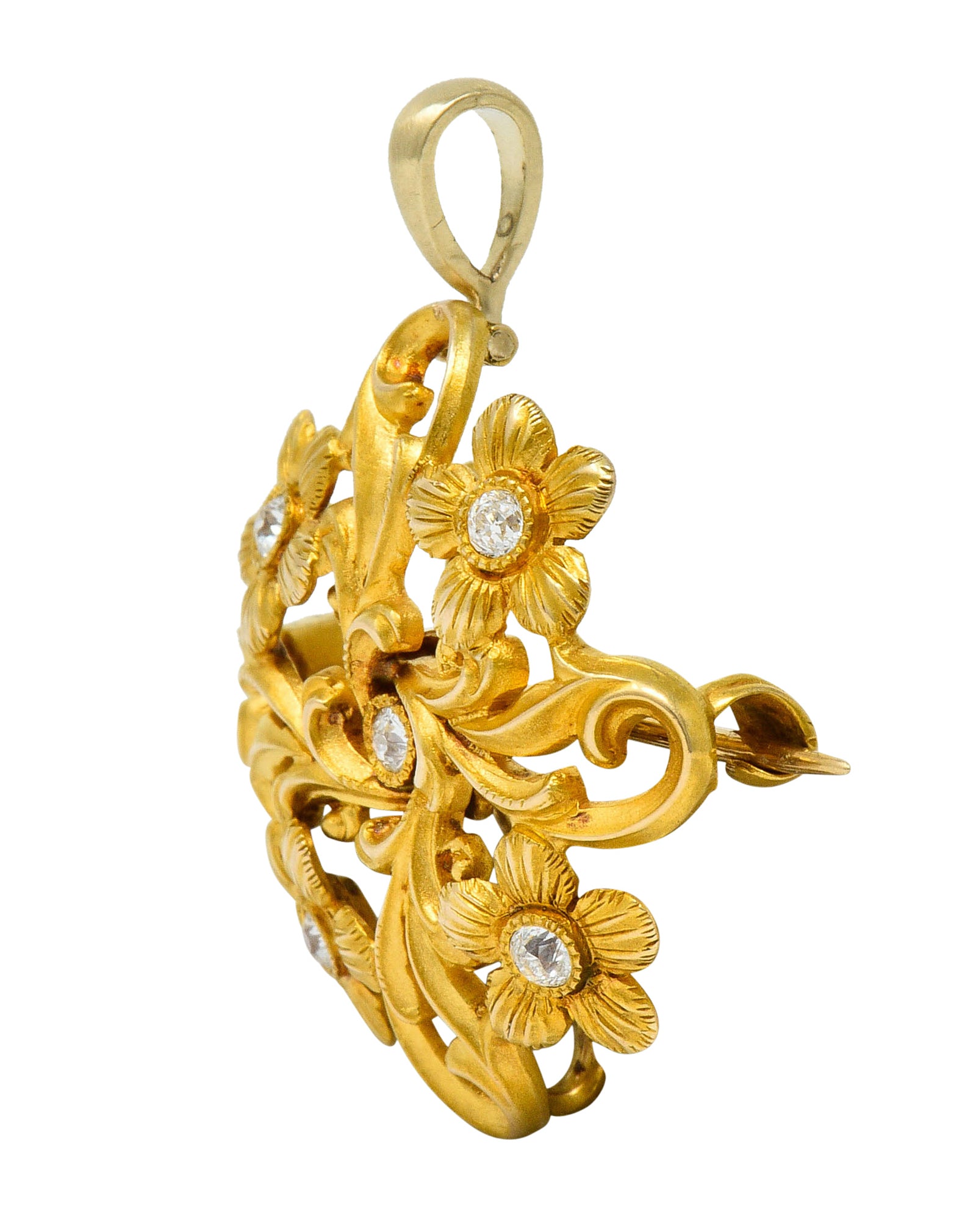 Art Nouveau Diamond 14 Karat Gold Whiplash Floral Pendant BroochBrooch - Wilson's Estate Jewelry