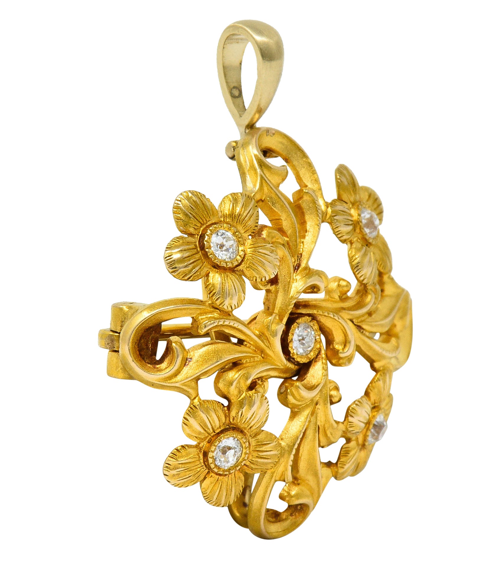 Art Nouveau Diamond 14 Karat Gold Whiplash Floral Pendant BroochBrooch - Wilson's Estate Jewelry