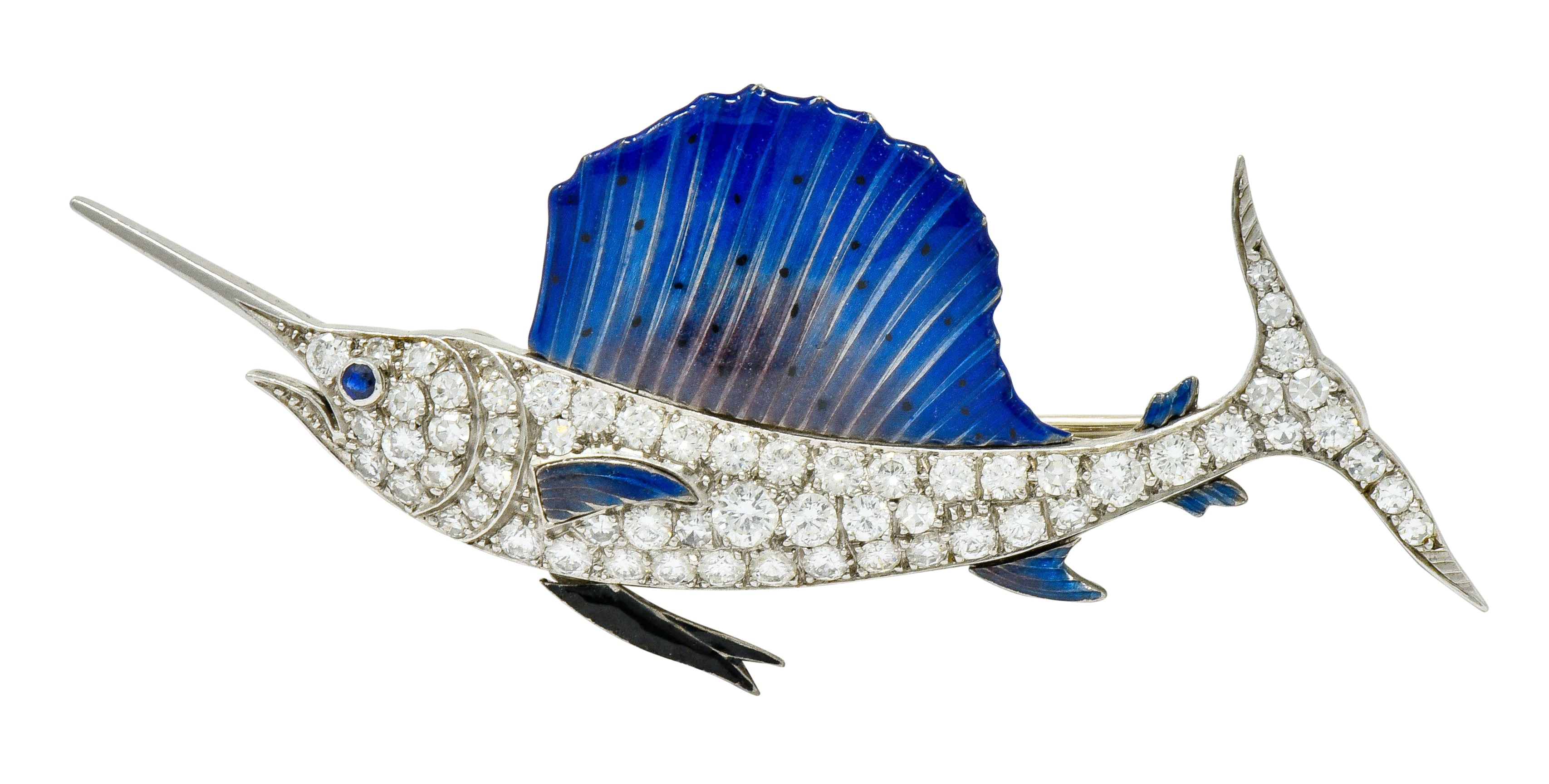 Art Deco 2.60 CTW Diamond Blue Enamel Platinum Swordfish Brooch - Wilson's Estate Jewelry