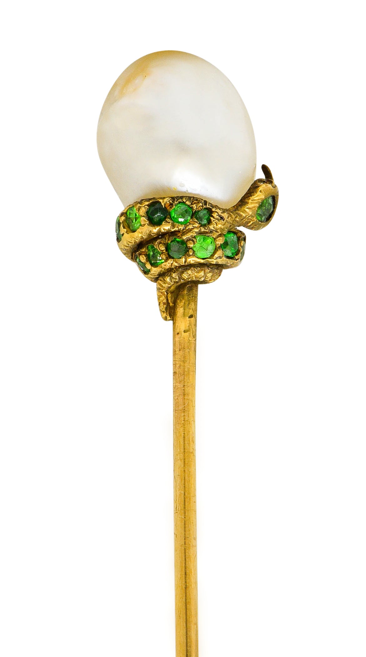 Tiffany & Co. Victorian Baroque Pearl Demantoid Garnet 14 Karat Gold Snake StickpinStick Pin - Wilson's Estate Jewelry