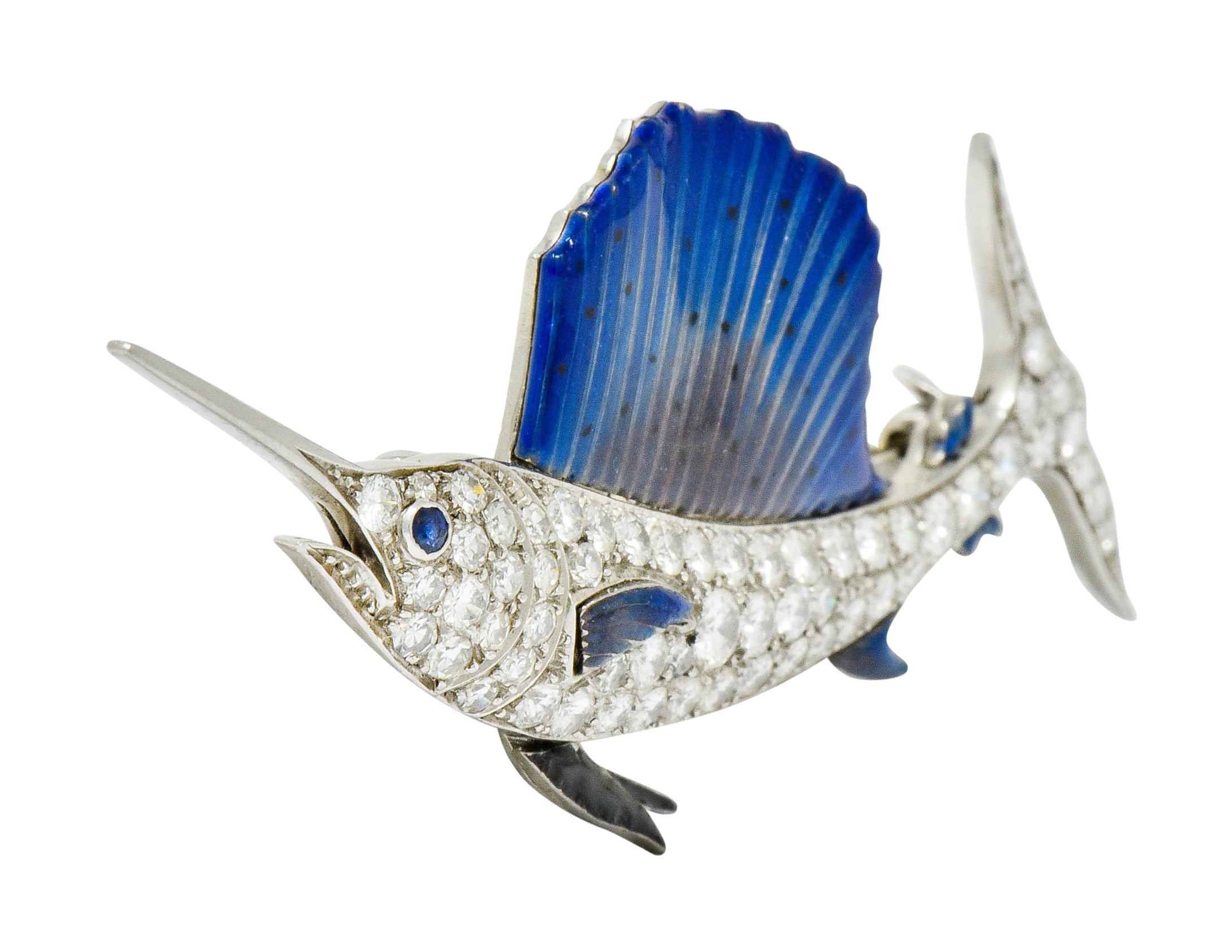 Art Deco 2.60 CTW Diamond Blue Enamel Platinum Swordfish Brooch - Wilson's Estate Jewelry