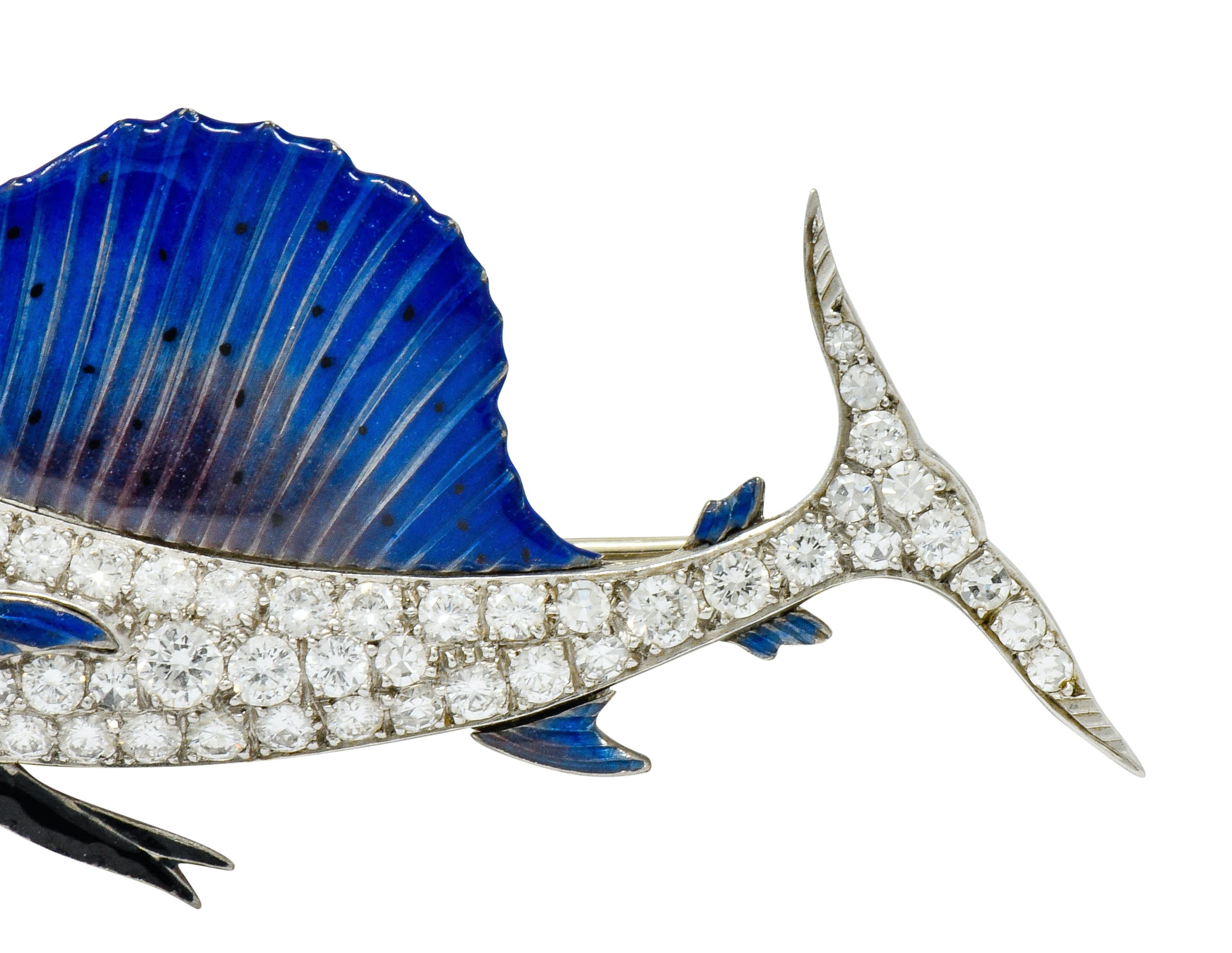 Art Deco 2.60 CTW Diamond Blue Enamel Platinum Swordfish Brooch - Wilson's Estate Jewelry