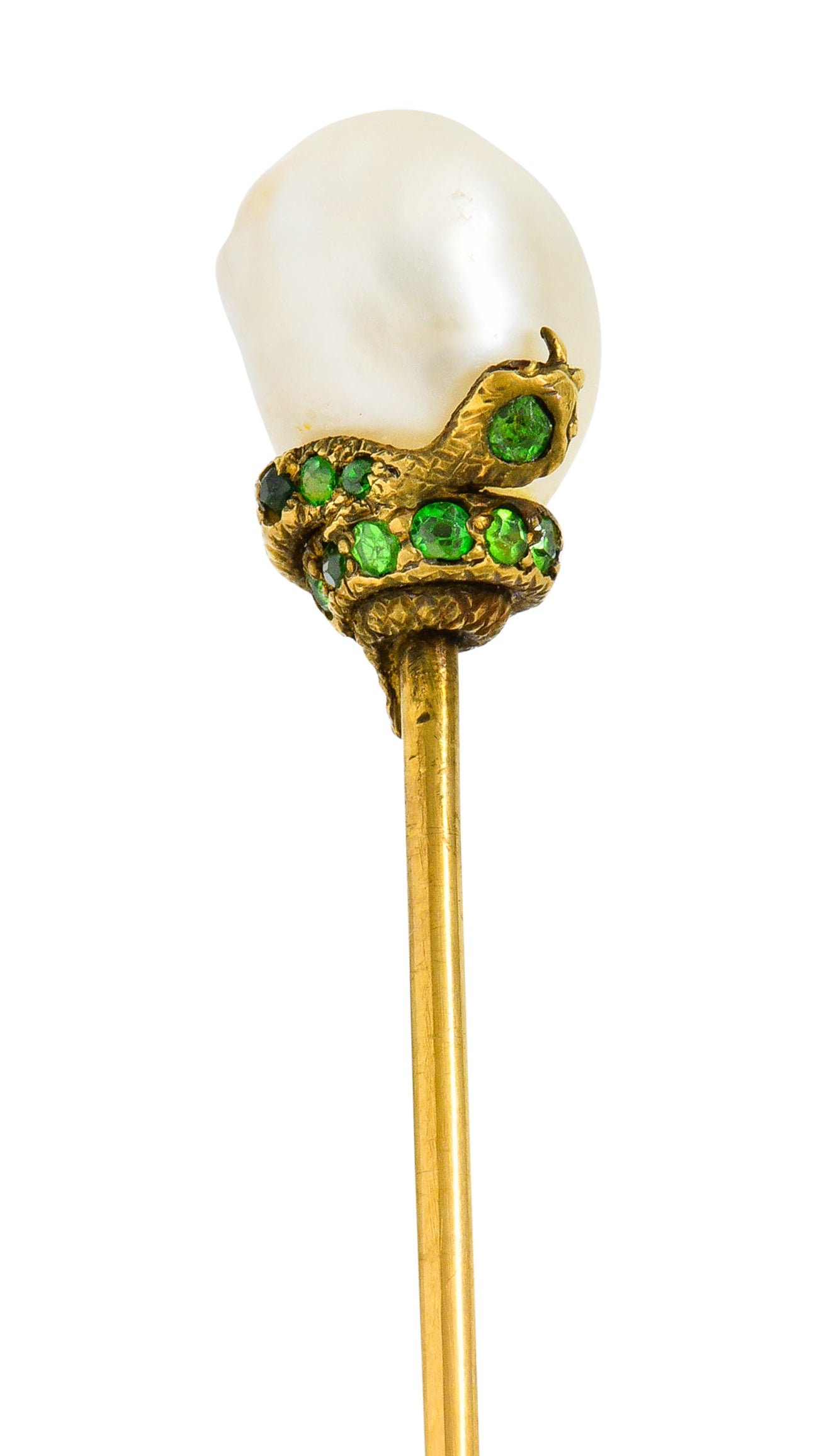 Tiffany & Co. Victorian Baroque Pearl Demantoid Garnet 14 Karat Gold Snake StickpinStick Pin - Wilson's Estate Jewelry