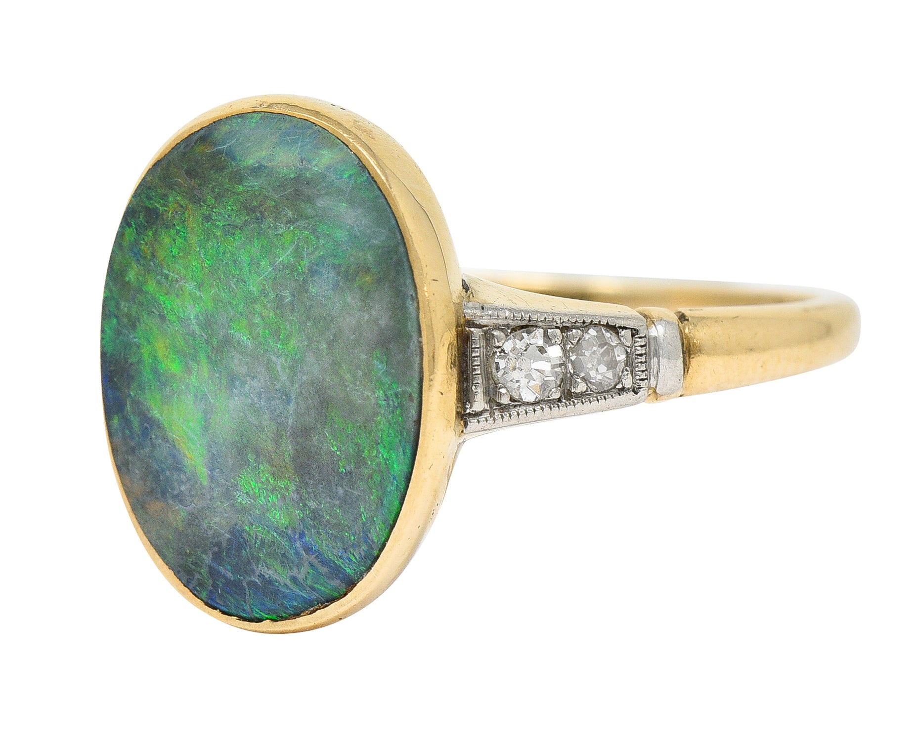 Art Deco Black Opal Diamond Platinum-Topped 14 Karat Gold Cabochon Ring Wilson's Estate Jewelry