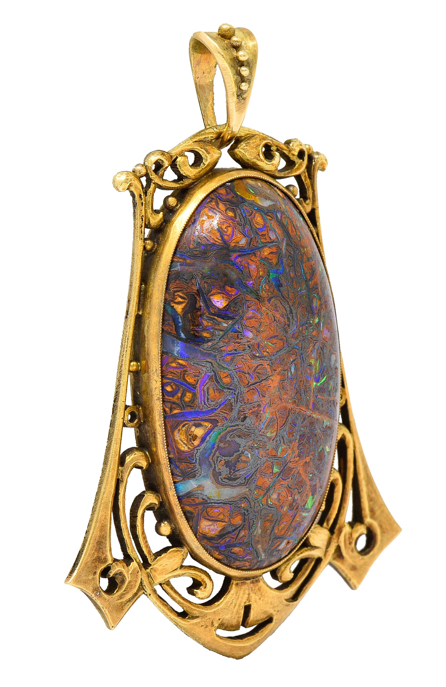 James Winn Arts & Crafts Boulder Opal 18 Karat Yellow Gold Statement Antique Pendant Wilson's Estate Jewelry