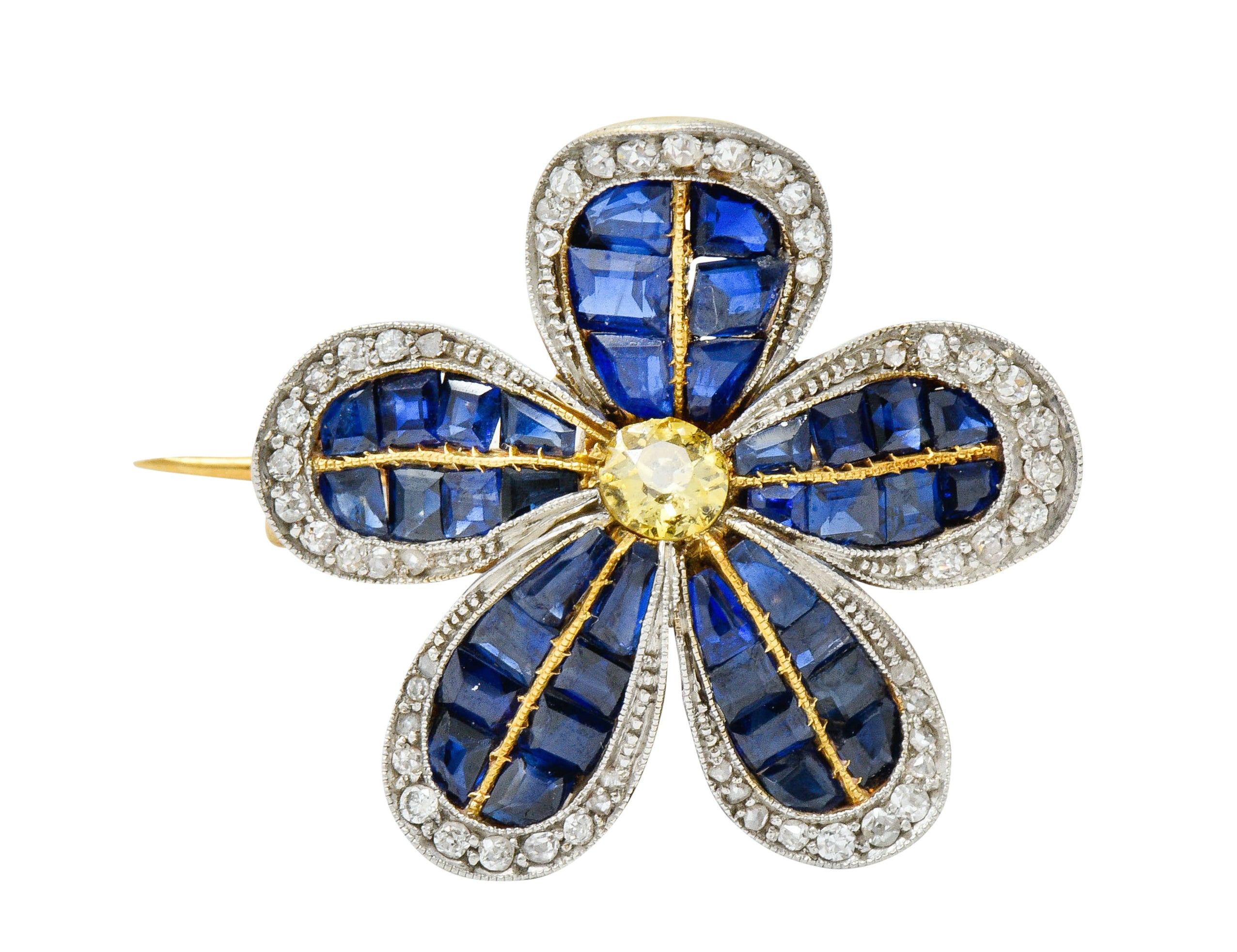 Edwardian 4.32 CTW Sapphire Fancy Colored Diamond Platinum-Topped 18 Karat Gold Flower BroochBrooch - Wilson's Estate Jewelry