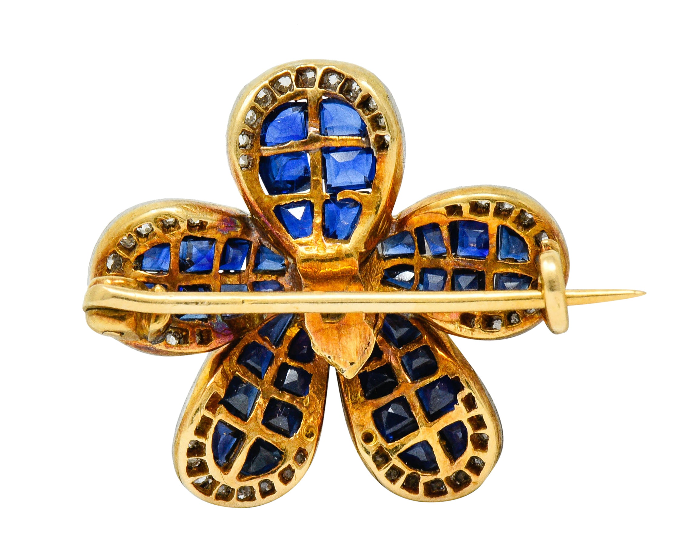 Edwardian 4.32 CTW Sapphire Fancy Colored Diamond Platinum-Topped 18 Karat Gold Flower BroochBrooch - Wilson's Estate Jewelry