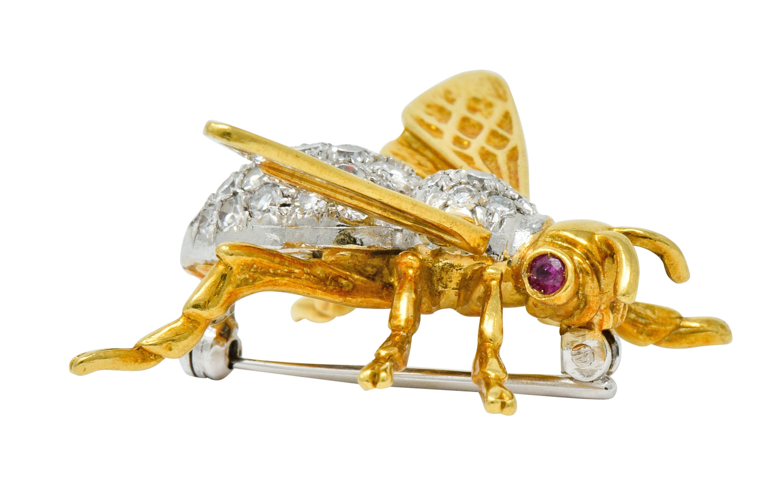 Vintage 1.75 CTW Diamond Ruby Platinum 18 Karat Gold Bee Brooch - Wilson's Estate Jewelry