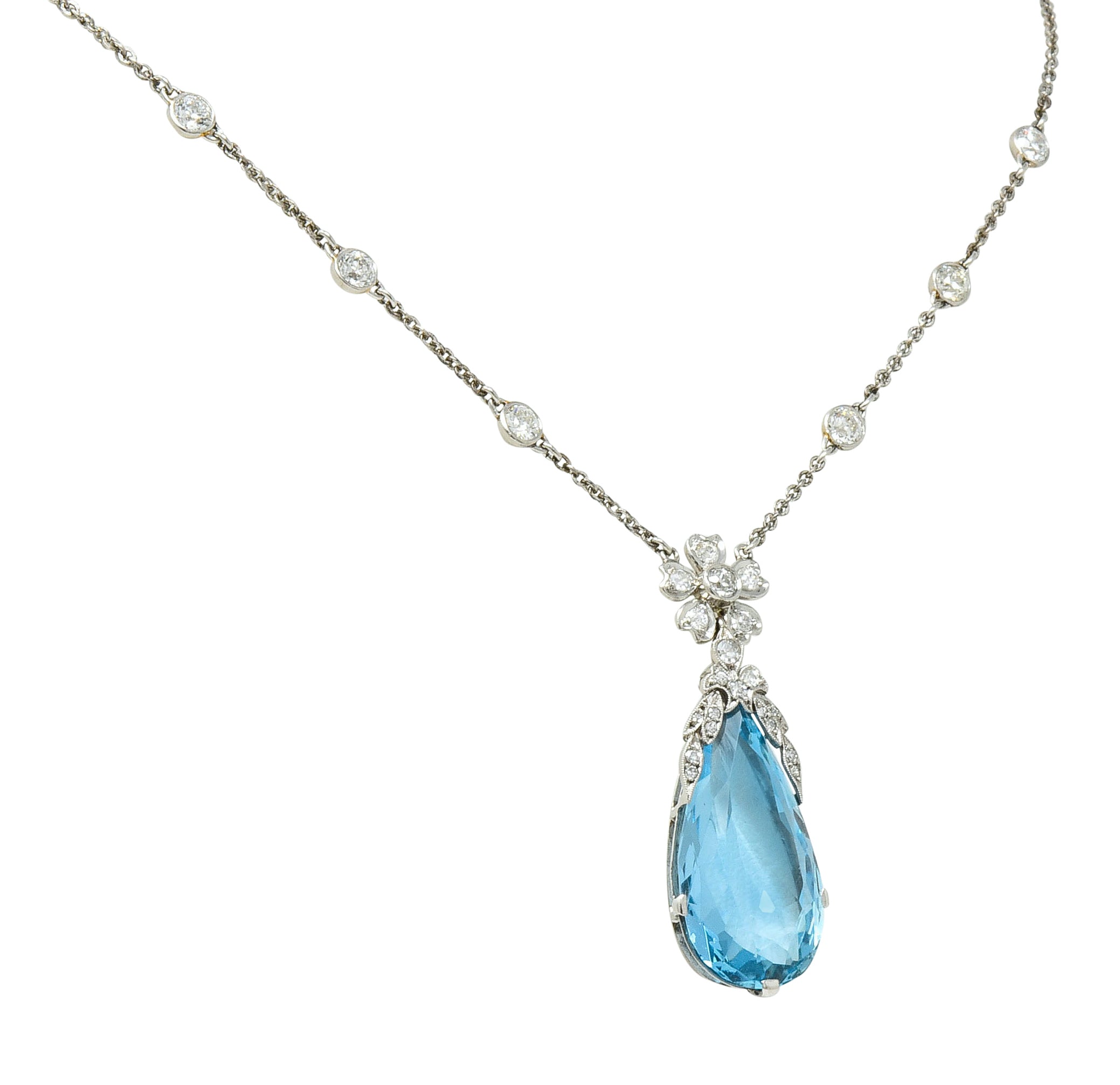 Edwardian 18.87 CTW Aquamarine Diamond Platinum Floral Drop Necklace - Wilson's Estate Jewelry