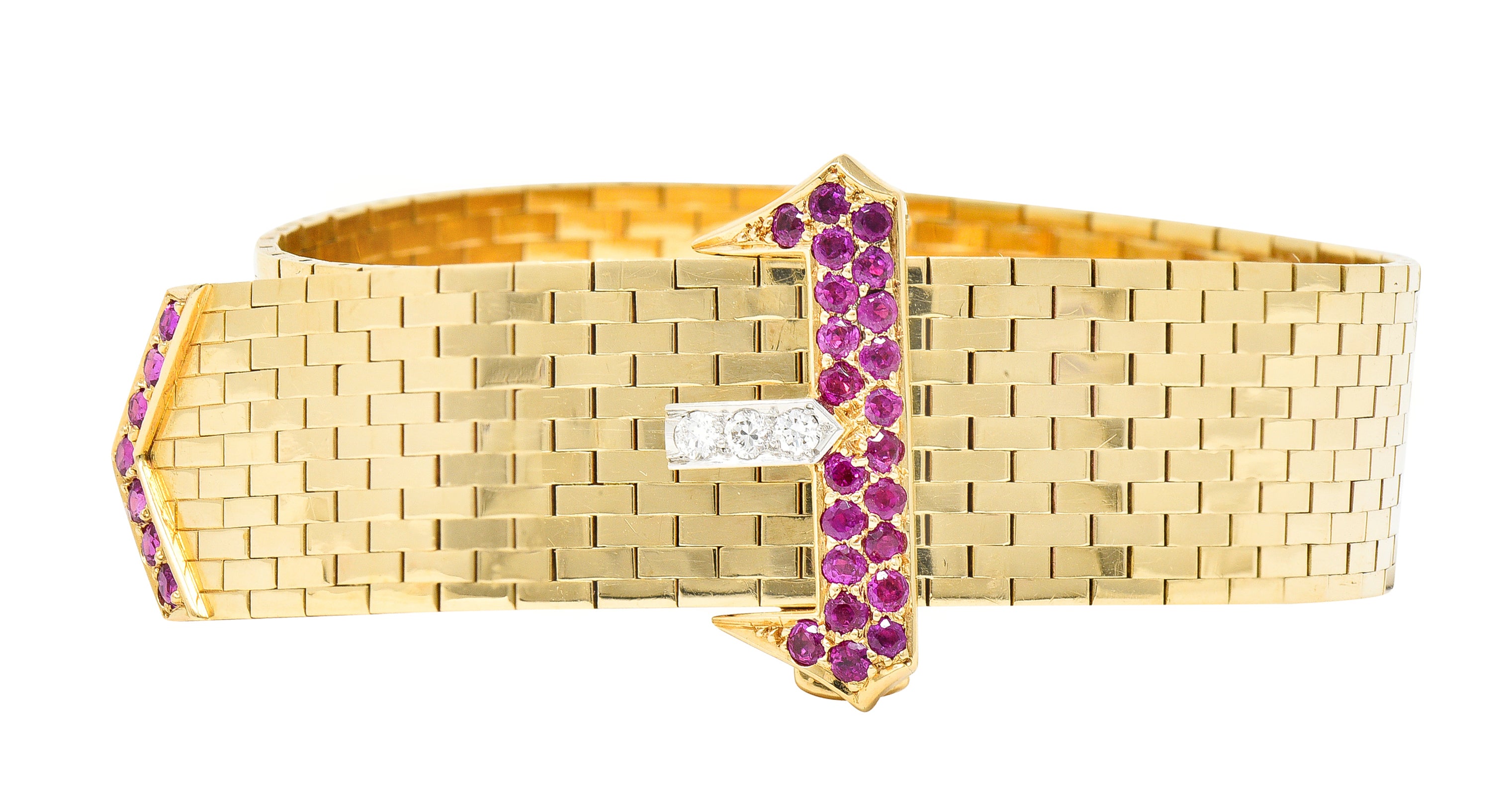 Cartier Retro Ruby Diamond Platinum 14 Karat Yellow Gold Woven Mesh Belt Buckle Vintage Bracelet Wilson's Estate Jewelry