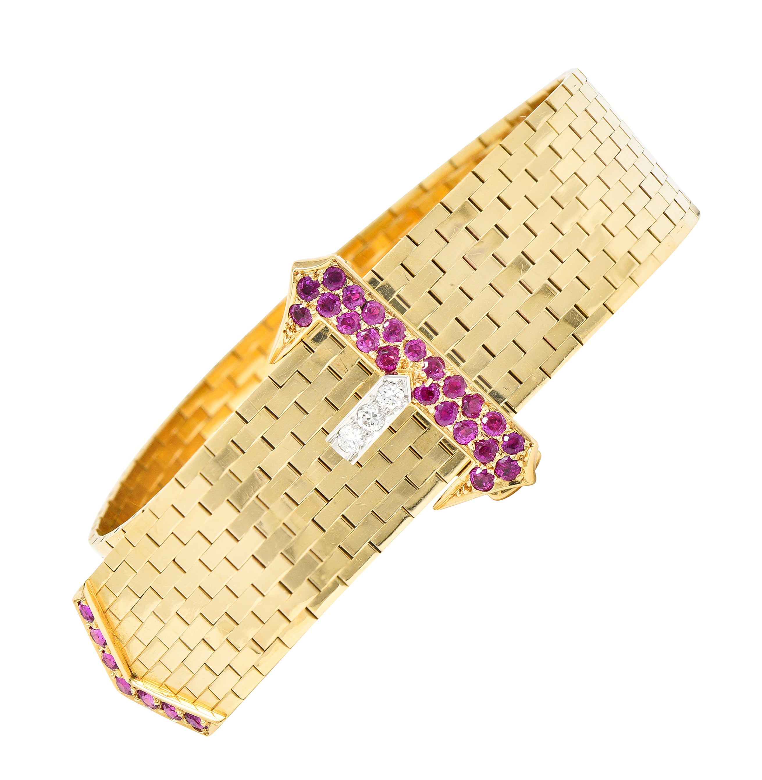 Cartier Retro Ruby Diamond Platinum 14 Karat Yellow Gold Woven Mesh Belt Buckle Vintage Bracelet Wilson's Estate Jewelry