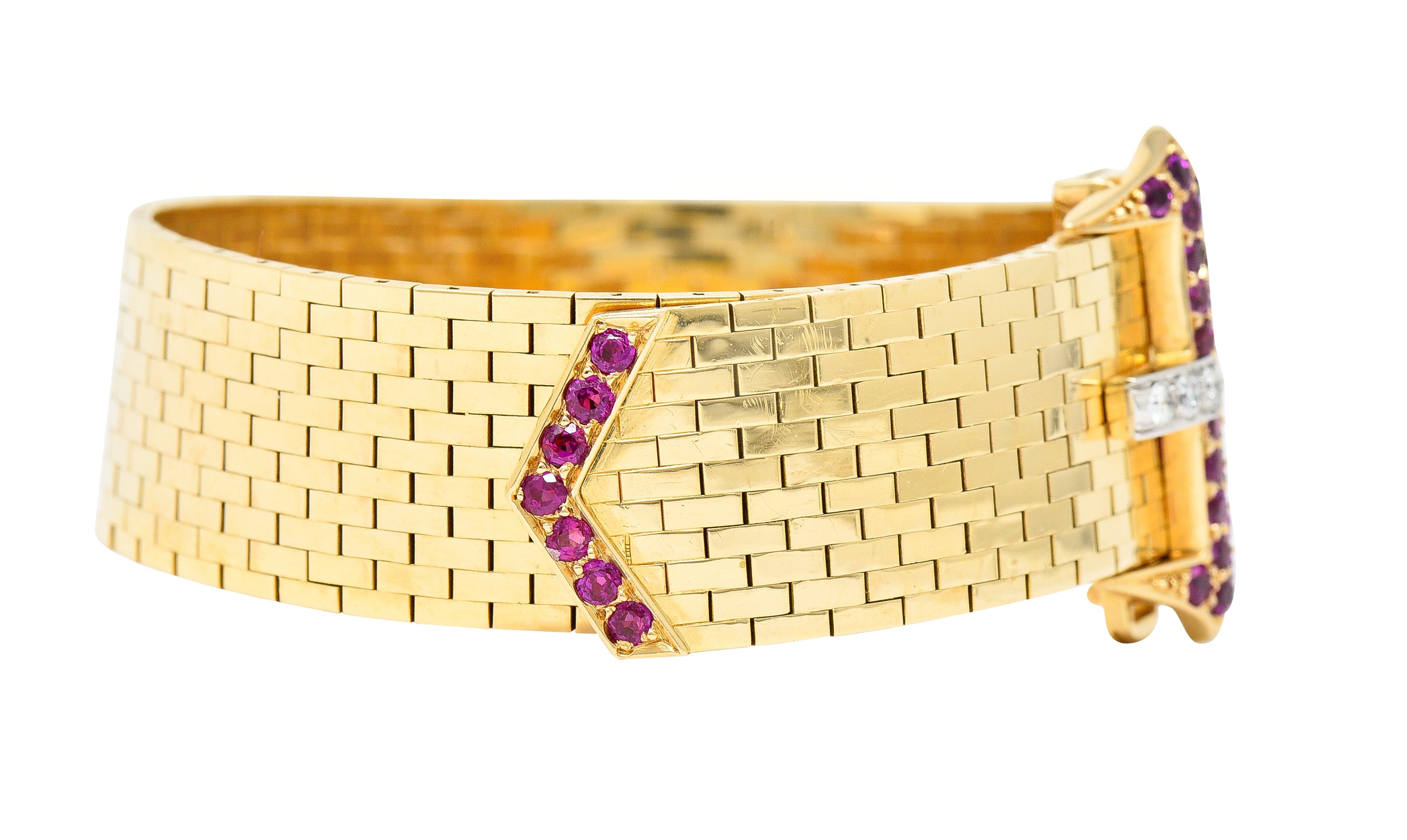 Cartier Retro Ruby Diamond Platinum 14 Karat Yellow Gold Woven Mesh Belt Buckle Vintage Bracelet Wilson's Estate Jewelry