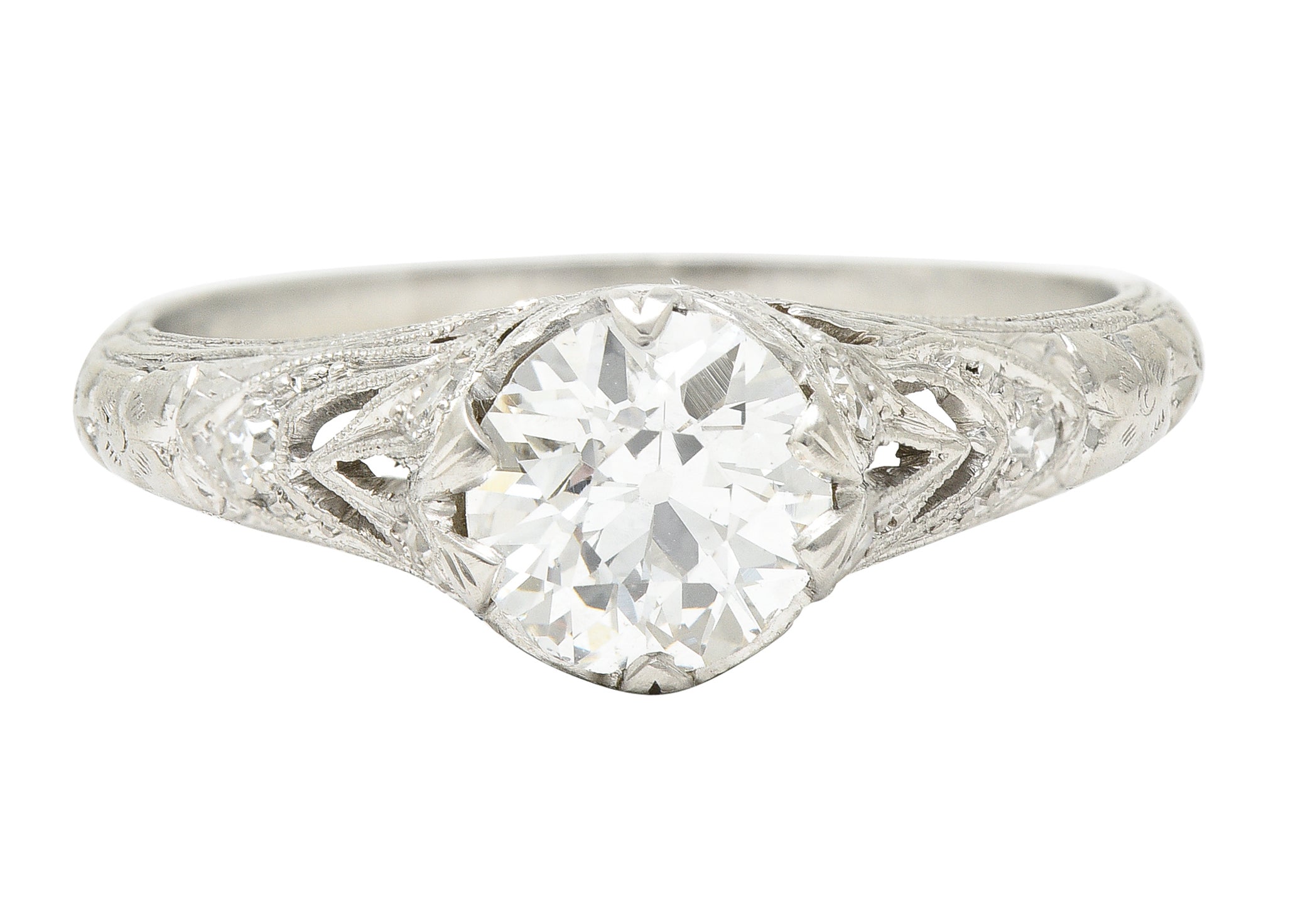 Antique Art Deco 1.27 CTW Old European Cut Diamond Platinum Floral Engagement Ring Wilson's Estate Jewelry