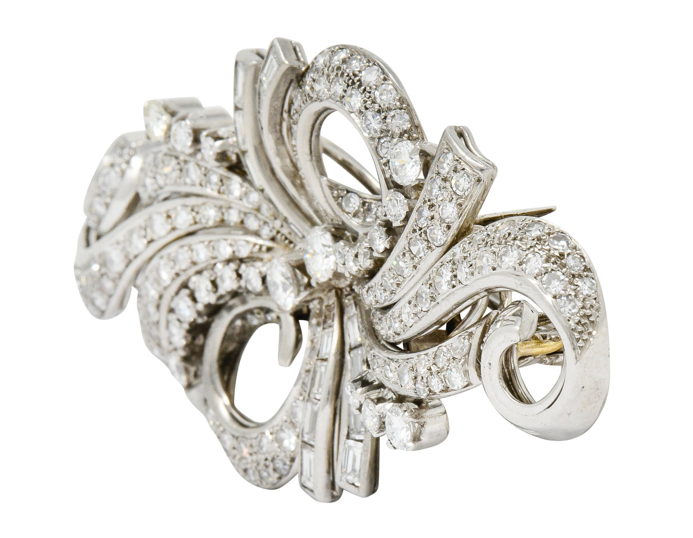 Retro 5.78 CTW Diamond Platinum Scrolling Ribbon Clips Brooch - Wilson's Estate Jewelry