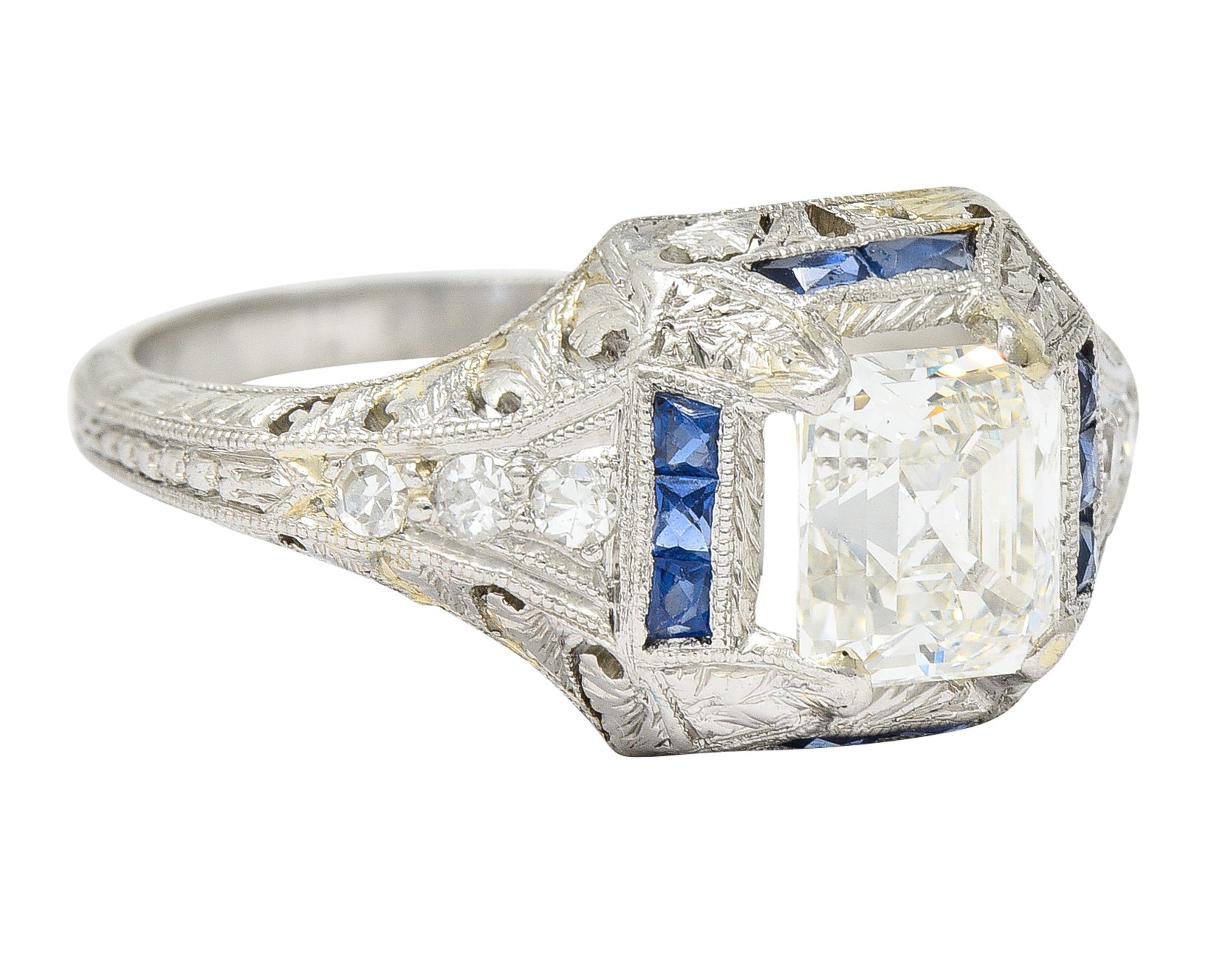 Art Deco 1.60 CTW Asscher Diamond Sapphire Platinum Engagement Ring Wilson's Estate Jewelry