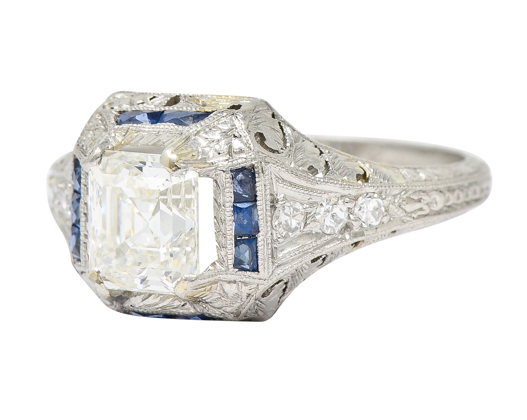 Art Deco 1.60 CTW Asscher Diamond Sapphire Platinum Engagement Ring Wilson's Estate Jewelry