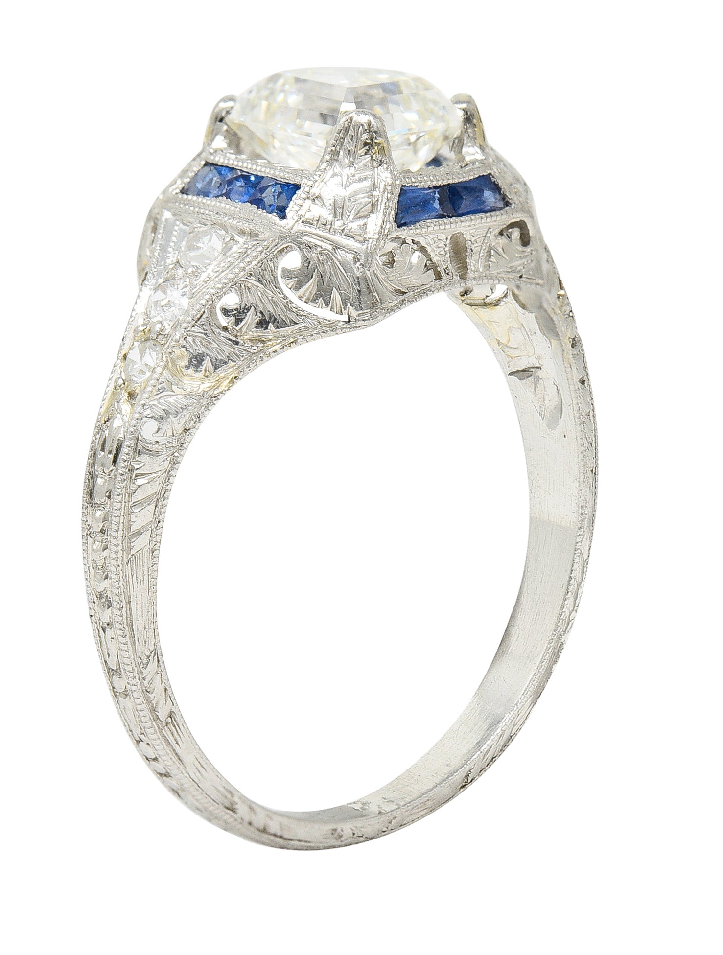 Art Deco 1.60 CTW Asscher Diamond Sapphire Platinum Engagement Ring Wilson's Estate Jewelry