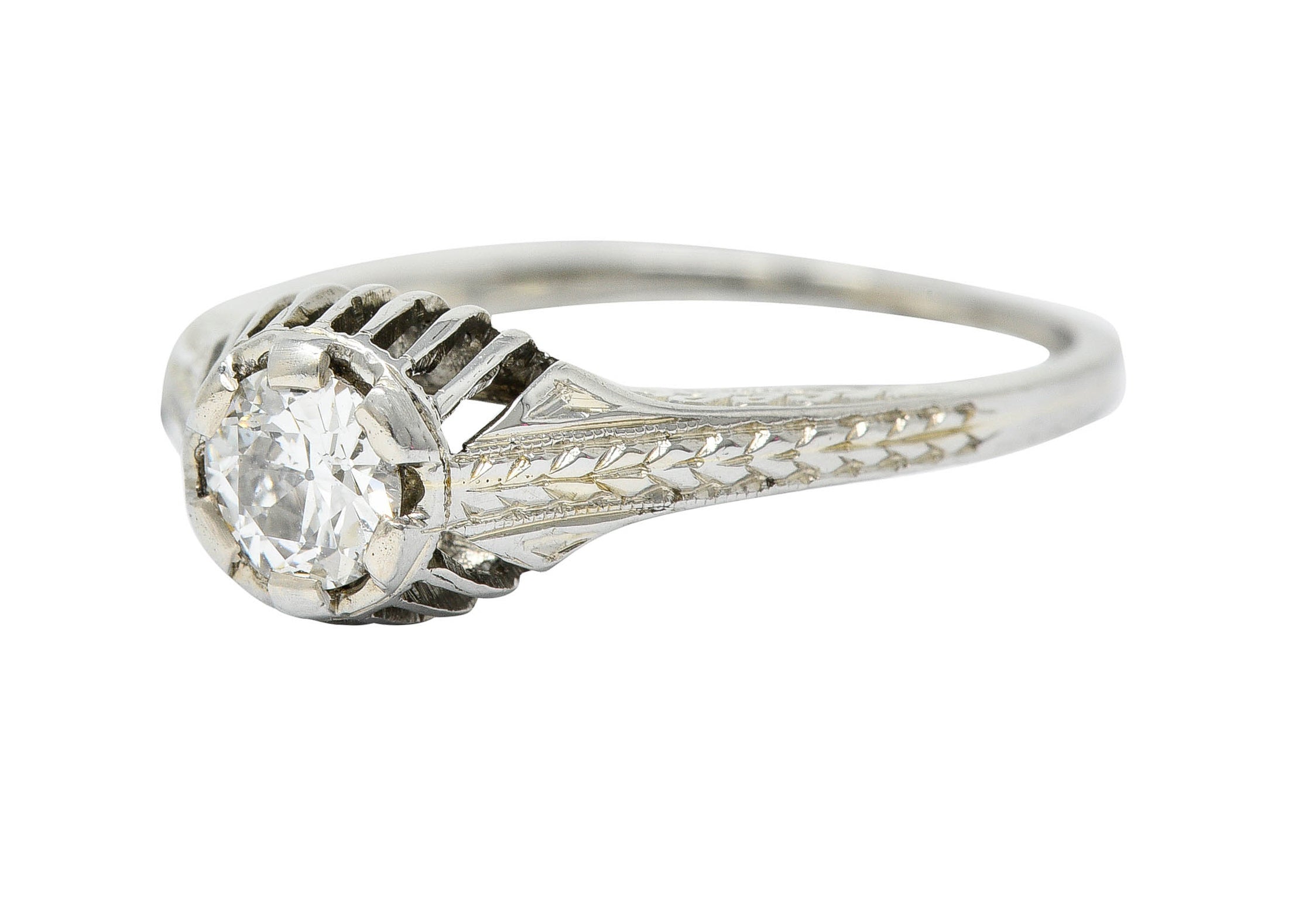 Art Deco 0.35 CTW Diamond 18 Karat White Gold Foliate Engagement RingRing - Wilson's Estate Jewelry