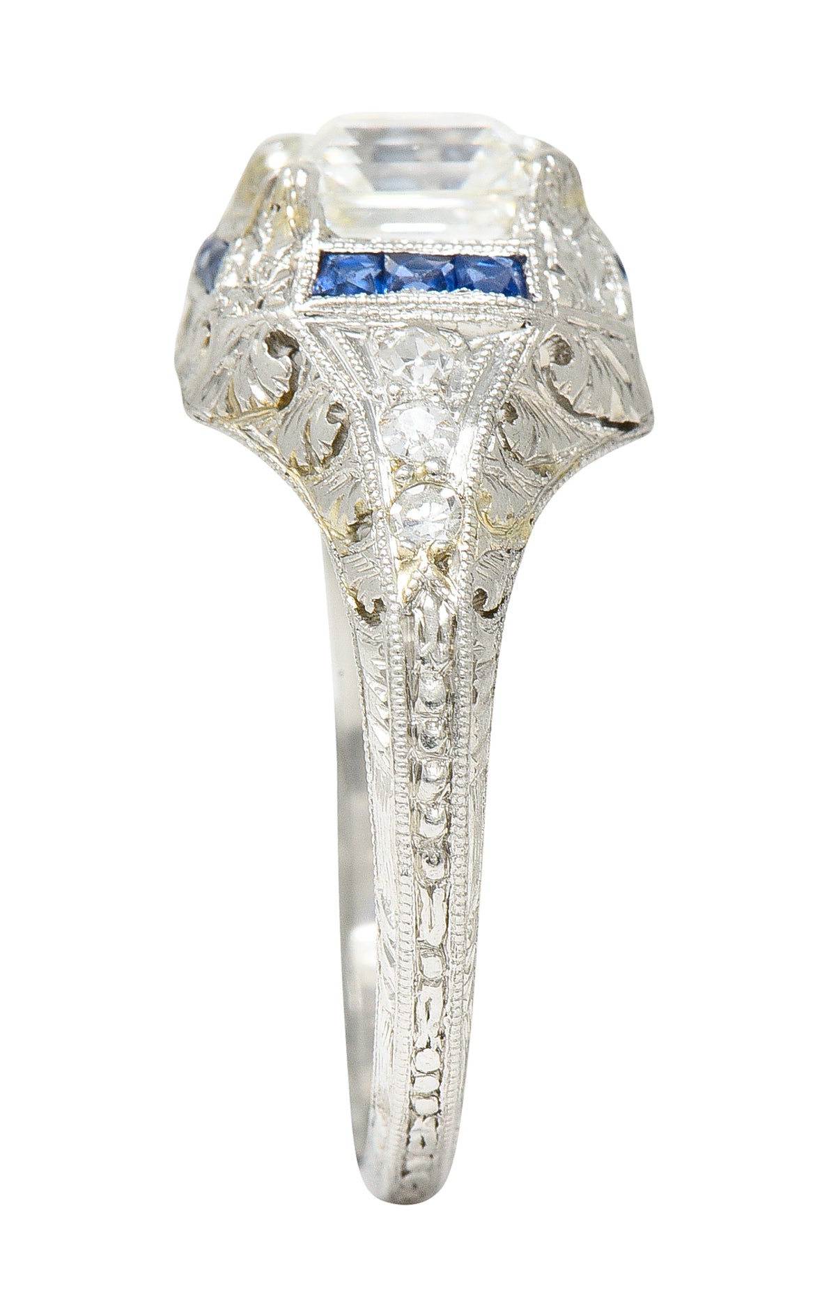 Art Deco 1.60 CTW Asscher Diamond Sapphire Platinum Engagement Ring Wilson's Estate Jewelry