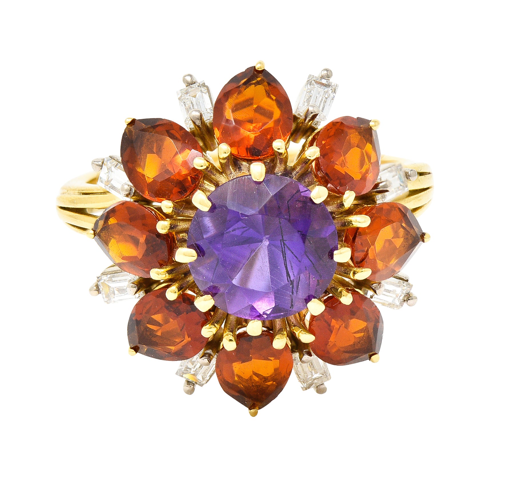 H. Stern Modernist 6.10 CTW Amethyst Citrine Diamond 18 Karat Gold Tiered Vintage Cluster Ring Wilson's Estate Jewelry