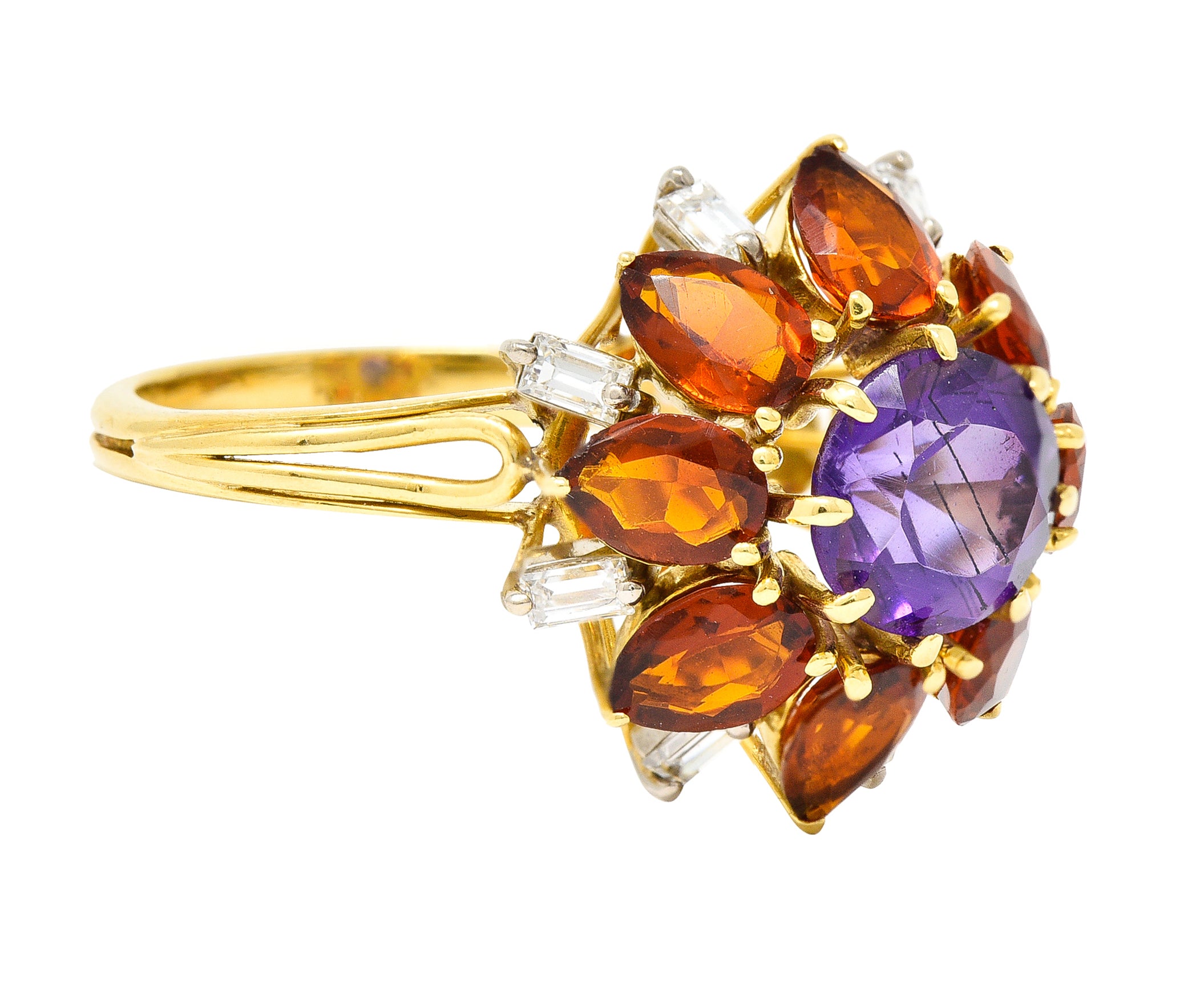 H. Stern Modernist 6.10 CTW Amethyst Citrine Diamond 18 Karat Gold Tiered Vintage Cluster Ring Wilson's Estate Jewelry