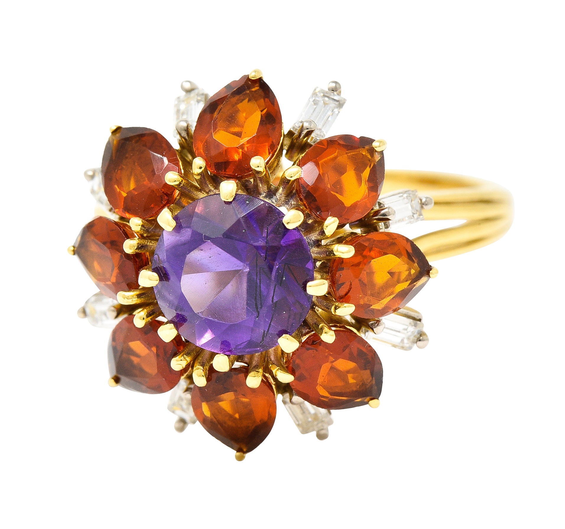 H. Stern Modernist 6.10 CTW Amethyst Citrine Diamond 18 Karat Gold Tiered Vintage Cluster Ring Wilson's Estate Jewelry