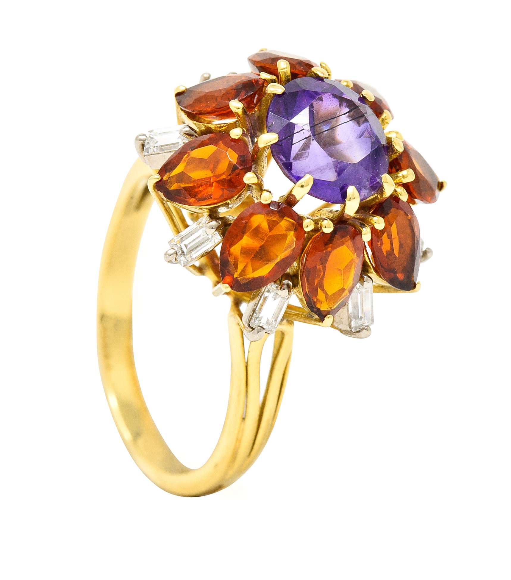 H. Stern Modernist 6.10 CTW Amethyst Citrine Diamond 18 Karat Gold Tiered Vintage Cluster Ring Wilson's Estate Jewelry