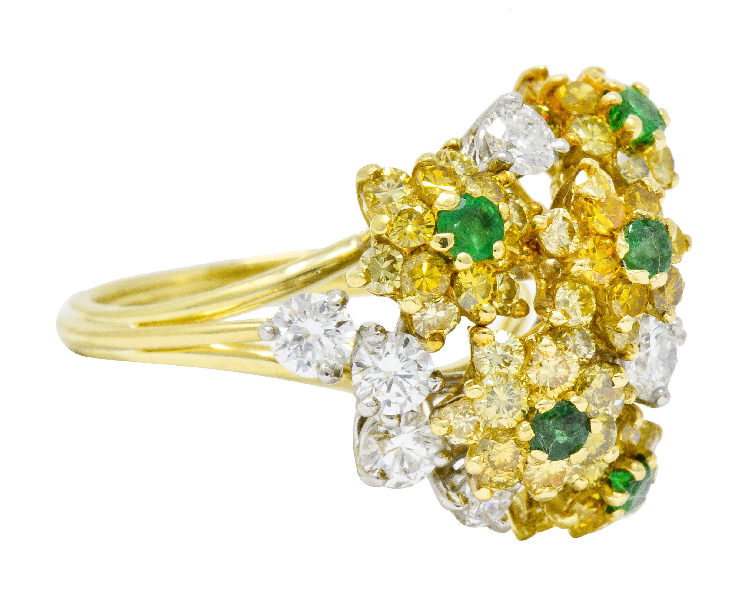 Vintage 3.21 CTW Yellow and White Diamond Emerald 18 Karat Gold Floral Cluster Ring - Wilson's Estate Jewelry