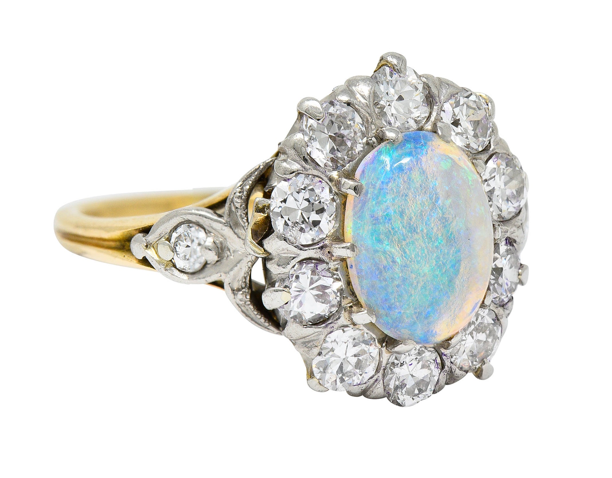 Edwardian Jelly Opal 1.06 CTW Diamond Platinum-Topped 14 Karat Gold Cluster RingRing - Wilson's Estate Jewelry