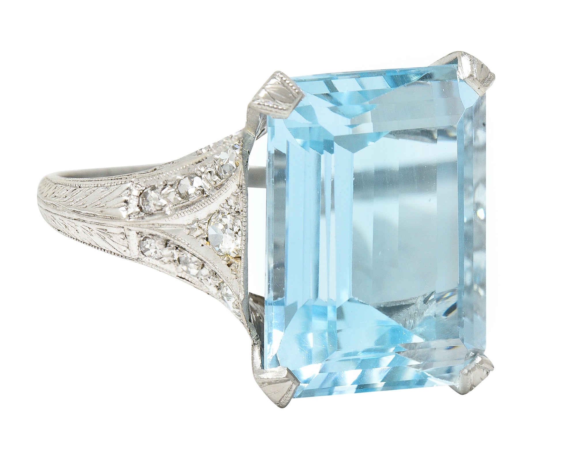 Art Deco 13.08 CTW Emerald Cut Aquamarine Diamond Platinum Vintage Cocktail Ring Wilson's Estate Jewelry