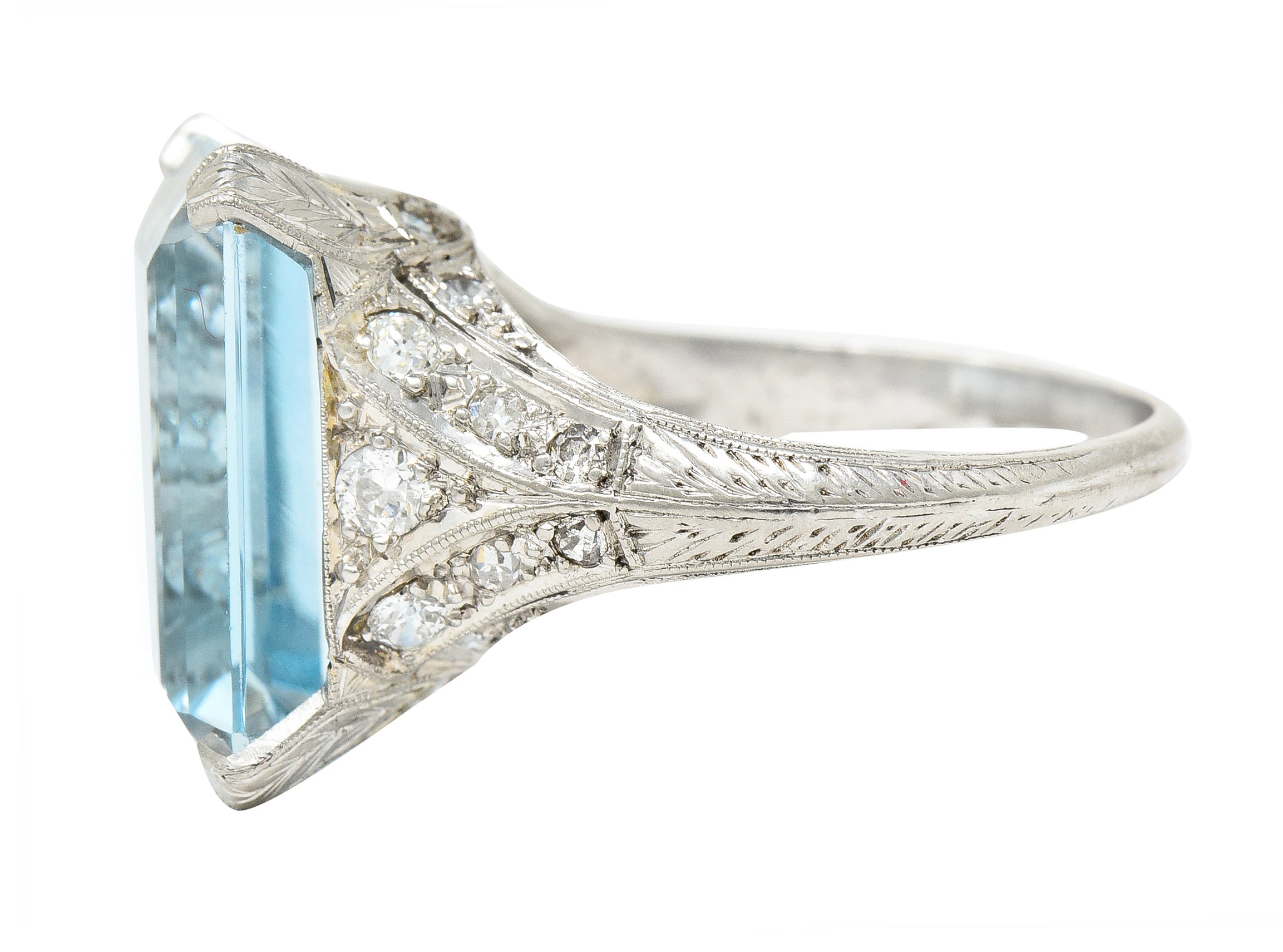 Art Deco 13.08 CTW Emerald Cut Aquamarine Diamond Platinum Vintage Cocktail Ring Wilson's Estate Jewelry