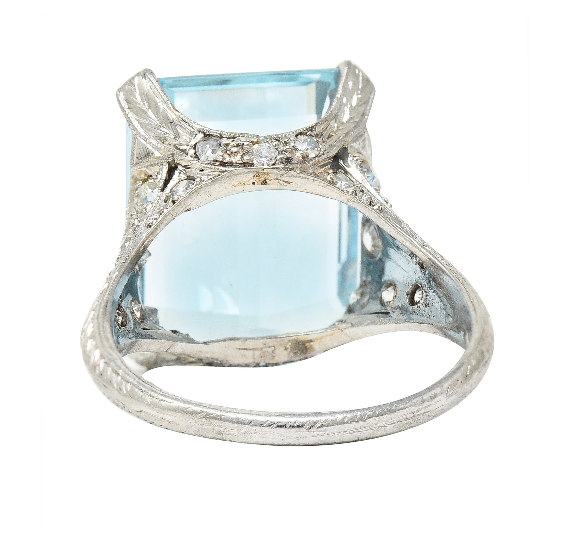 Art Deco 13.08 CTW Emerald Cut Aquamarine Diamond Platinum Vintage Cocktail Ring Wilson's Estate Jewelry