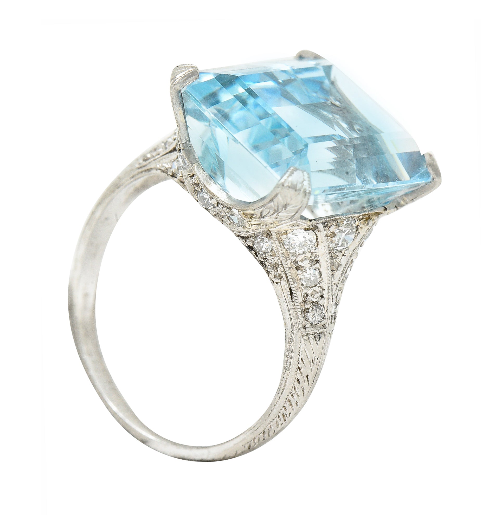 Art Deco 13.08 CTW Emerald Cut Aquamarine Diamond Platinum Vintage Cocktail Ring Wilson's Estate Jewelry