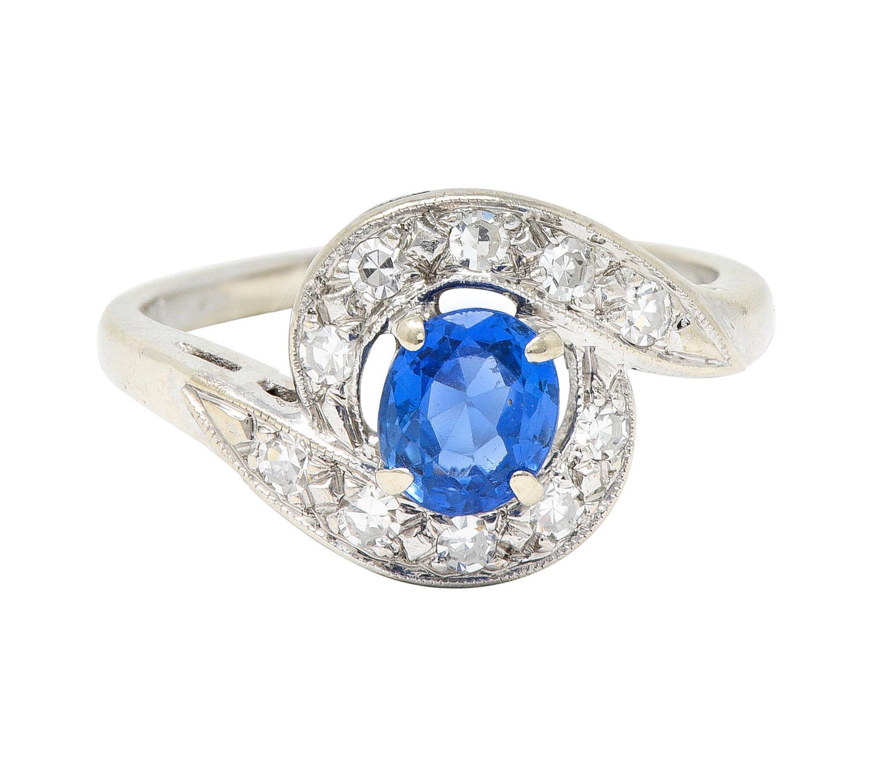 Mid-Century 0.75 CTW Sapphire Diamond 14 Karat White Gold Bypass RingRing - Wilson's Estate Jewelry