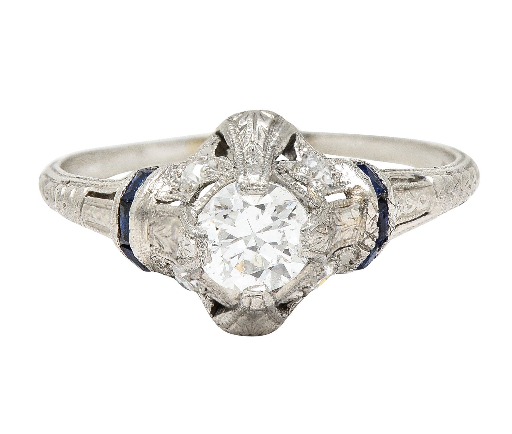 Art Deco 0.48 CTW Diamond Sapphire Platinum Foliate Engagement Ring Wilson's Estate Jewelry