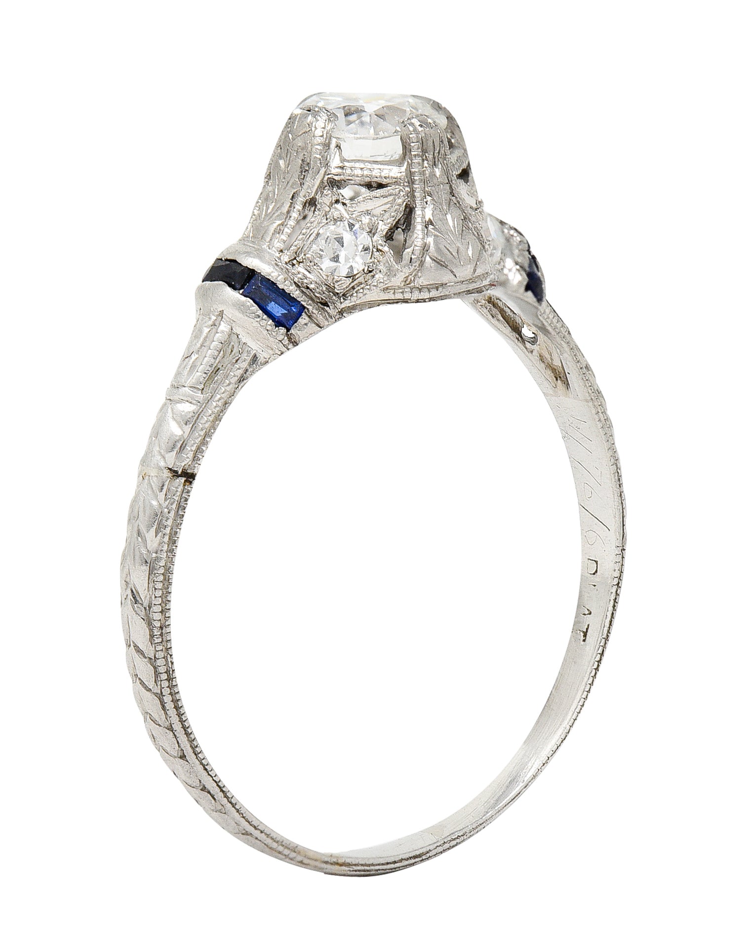 Art Deco 0.48 CTW Diamond Sapphire Platinum Foliate Engagement Ring Wilson's Estate Jewelry