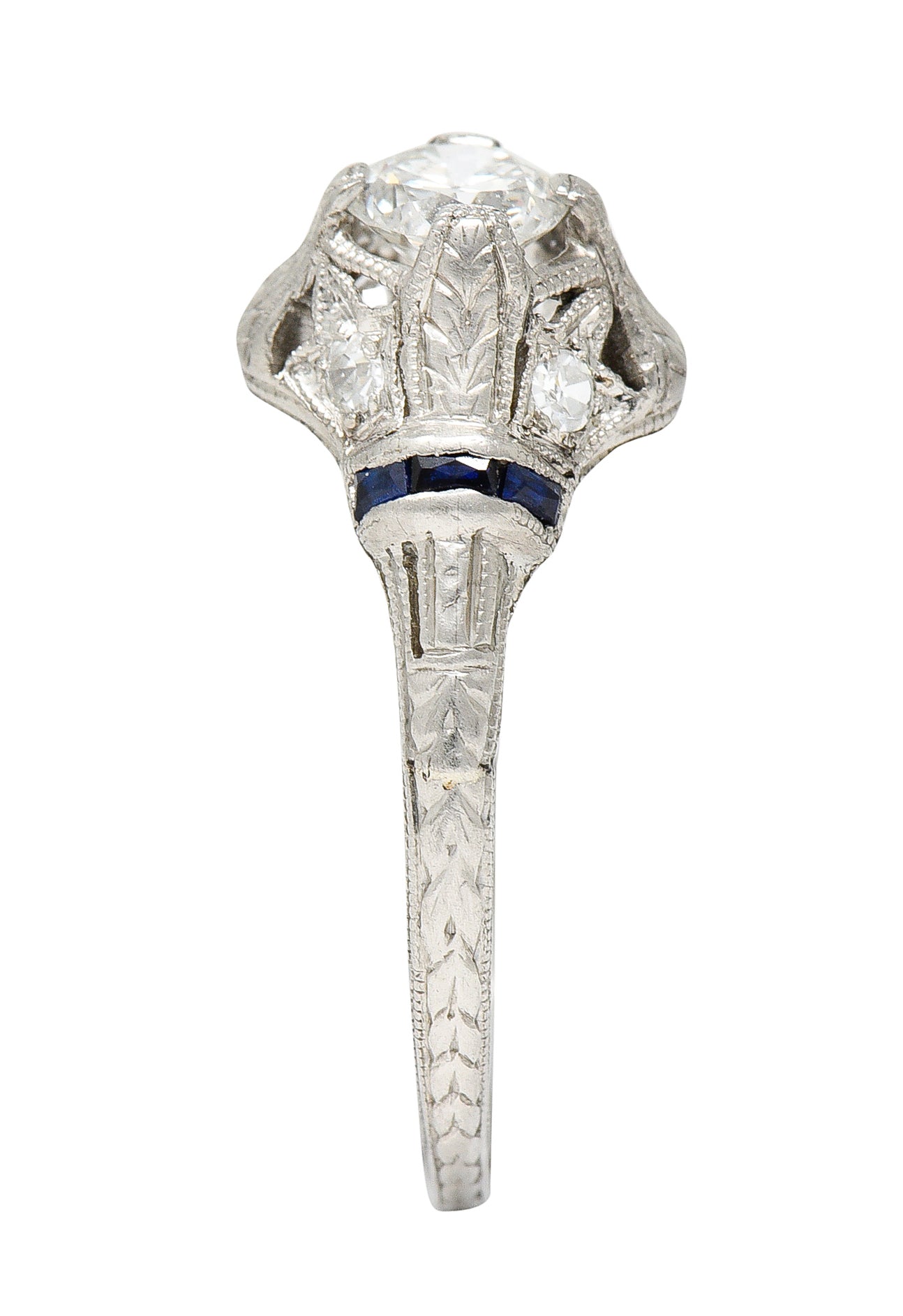 Art Deco 0.48 CTW Diamond Sapphire Platinum Foliate Engagement Ring Wilson's Estate Jewelry