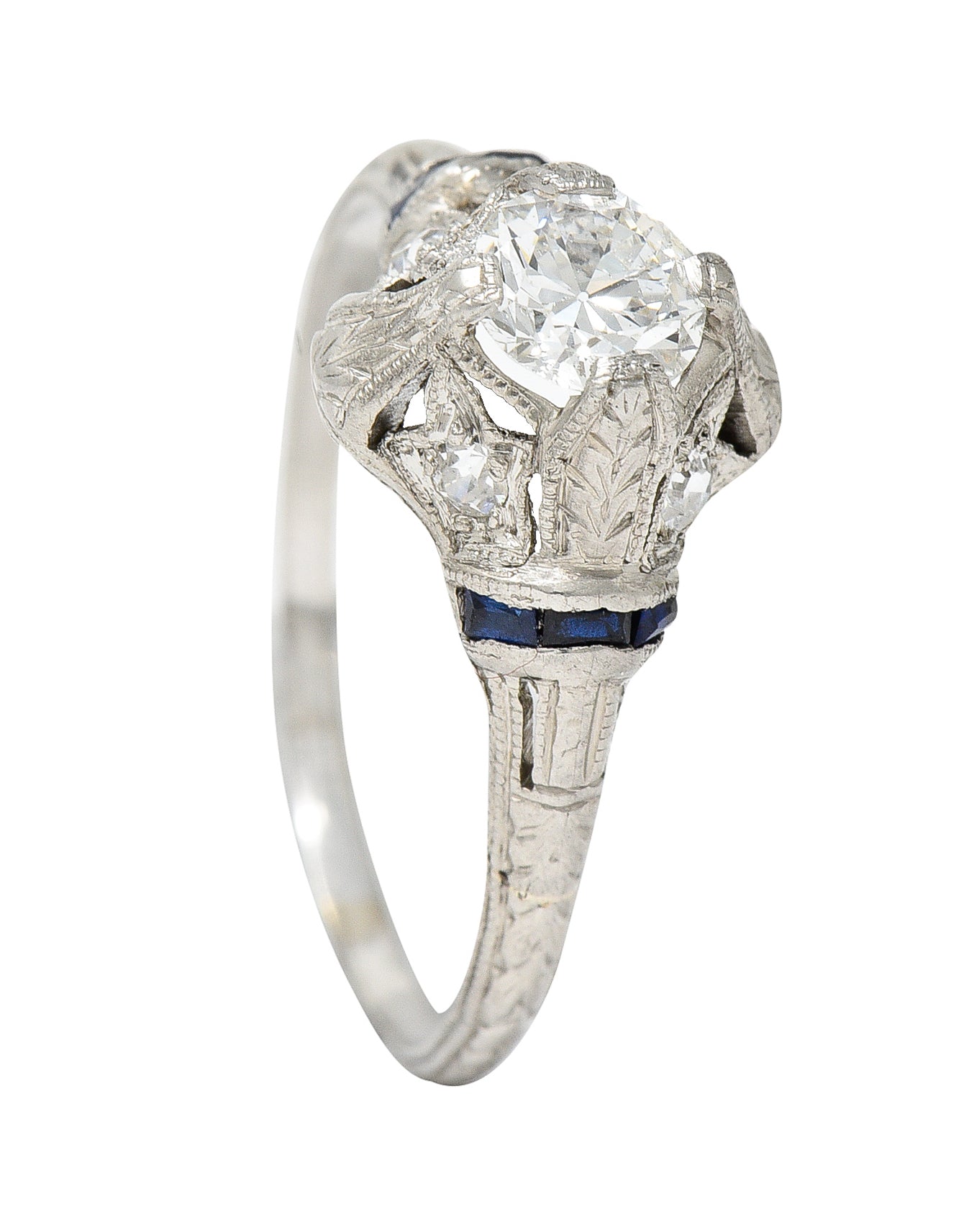 Art Deco 0.48 CTW Diamond Sapphire Platinum Foliate Engagement Ring Wilson's Estate Jewelry