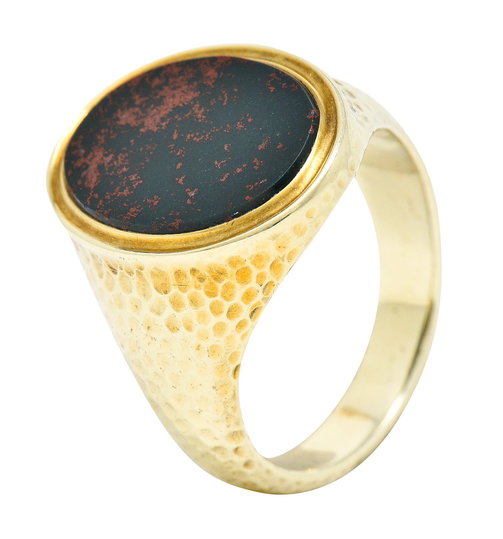 Jones & Woodland Retro Bloodstone 14 Karat Hammered Gold Unisex Signet RingRing - Wilson's Estate Jewelry