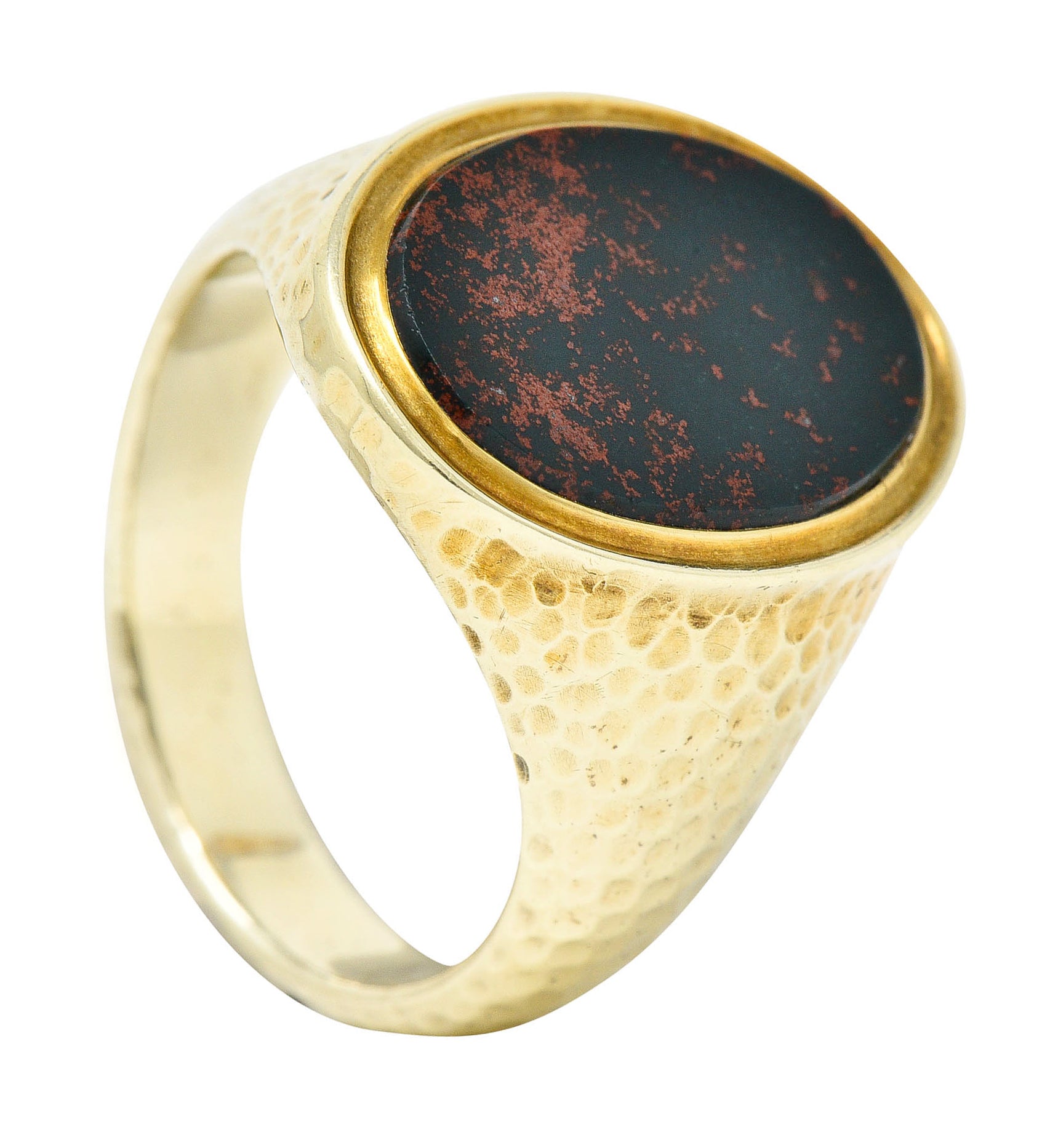 Jones & Woodland Retro Bloodstone 14 Karat Hammered Gold Unisex Signet RingRing - Wilson's Estate Jewelry