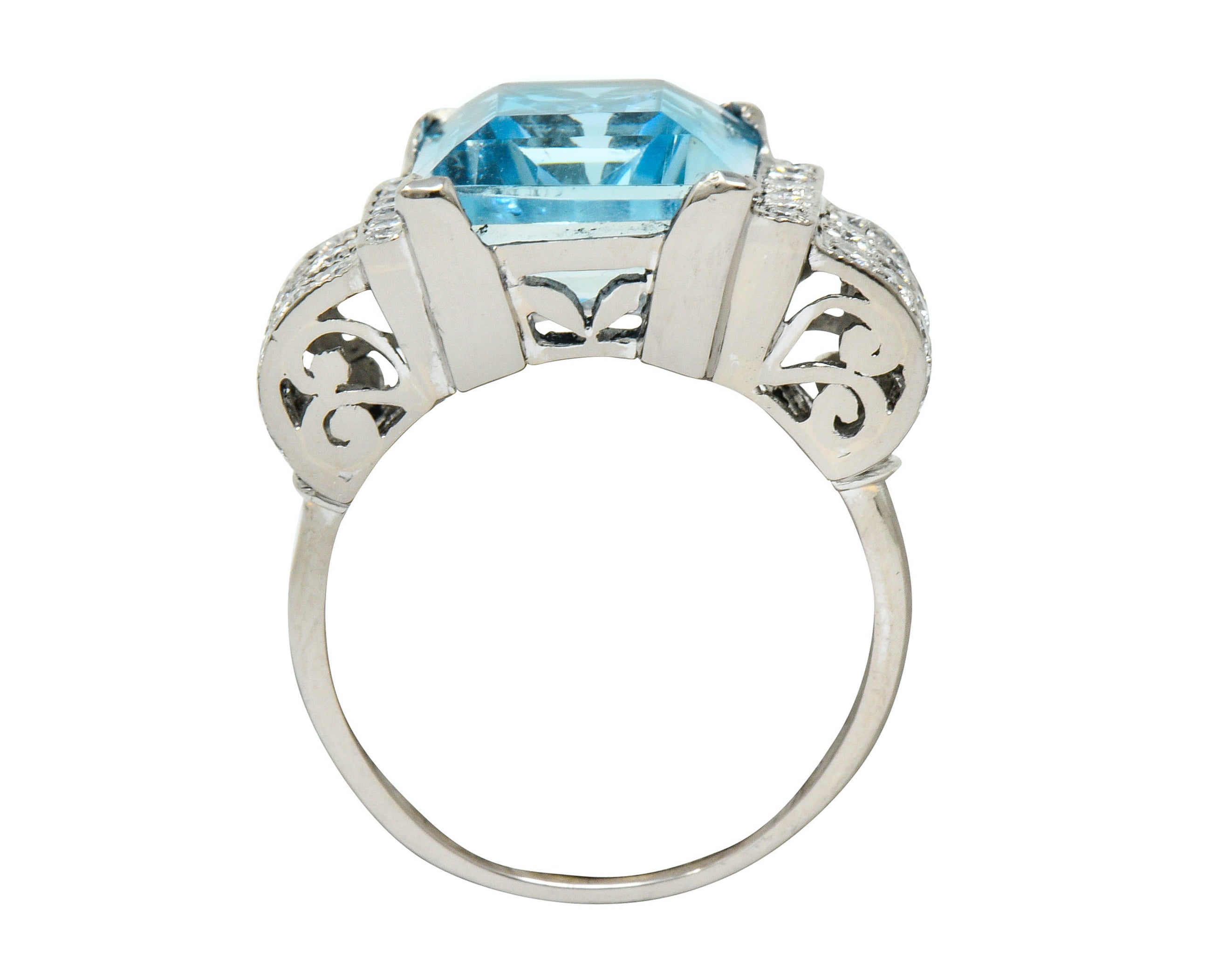 Retro 7.75 CTW Aquamarine Diamond 18 Karat Gold Scrolled Statement RingRing - Wilson's Estate Jewelry