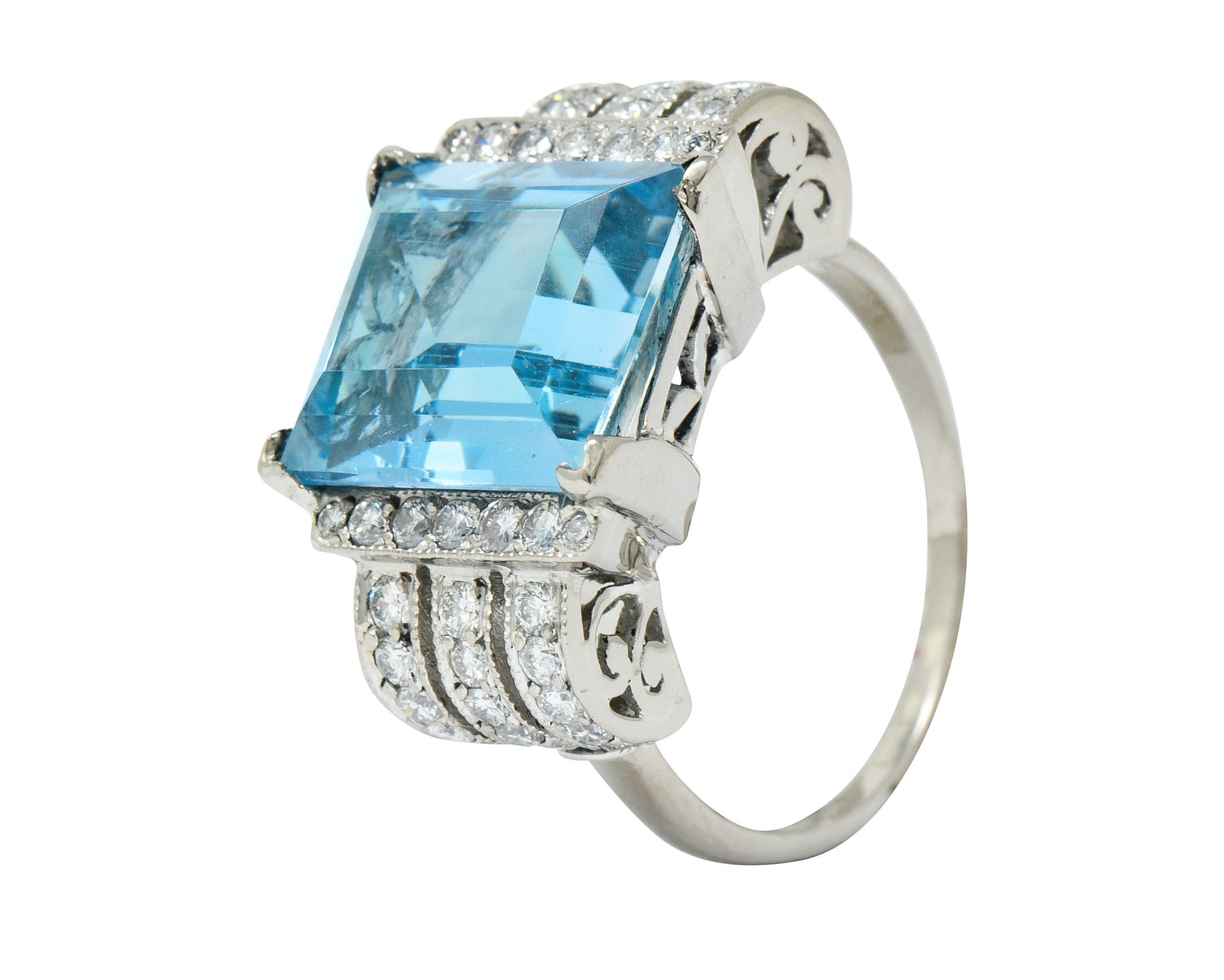 Retro 7.75 CTW Aquamarine Diamond 18 Karat Gold Scrolled Statement RingRing - Wilson's Estate Jewelry