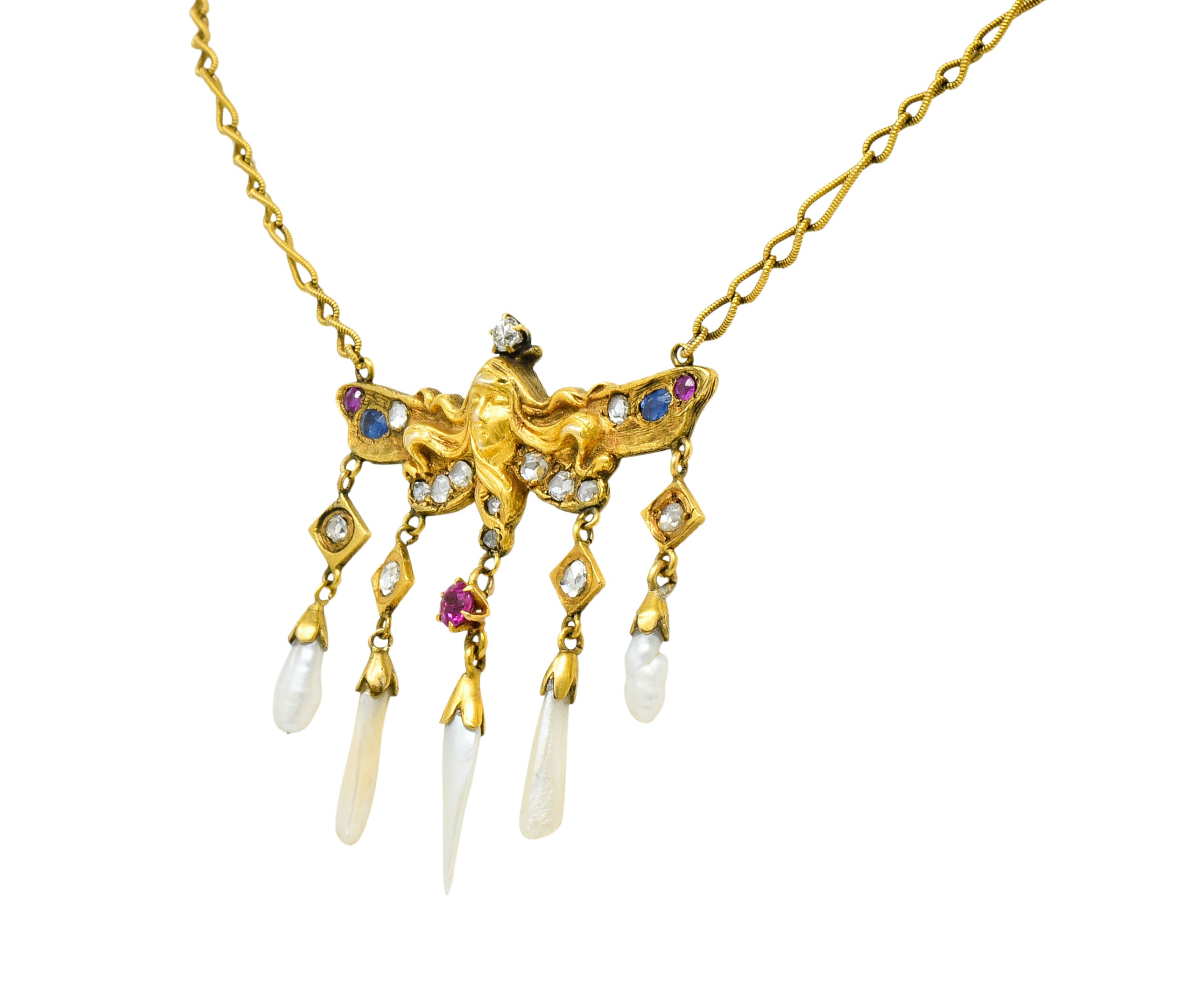 Art Nouveau Diamond Ruby Sapphire Pearl 14 Karat Gold Droplet NecklaceNecklace - Wilson's Estate Jewelry