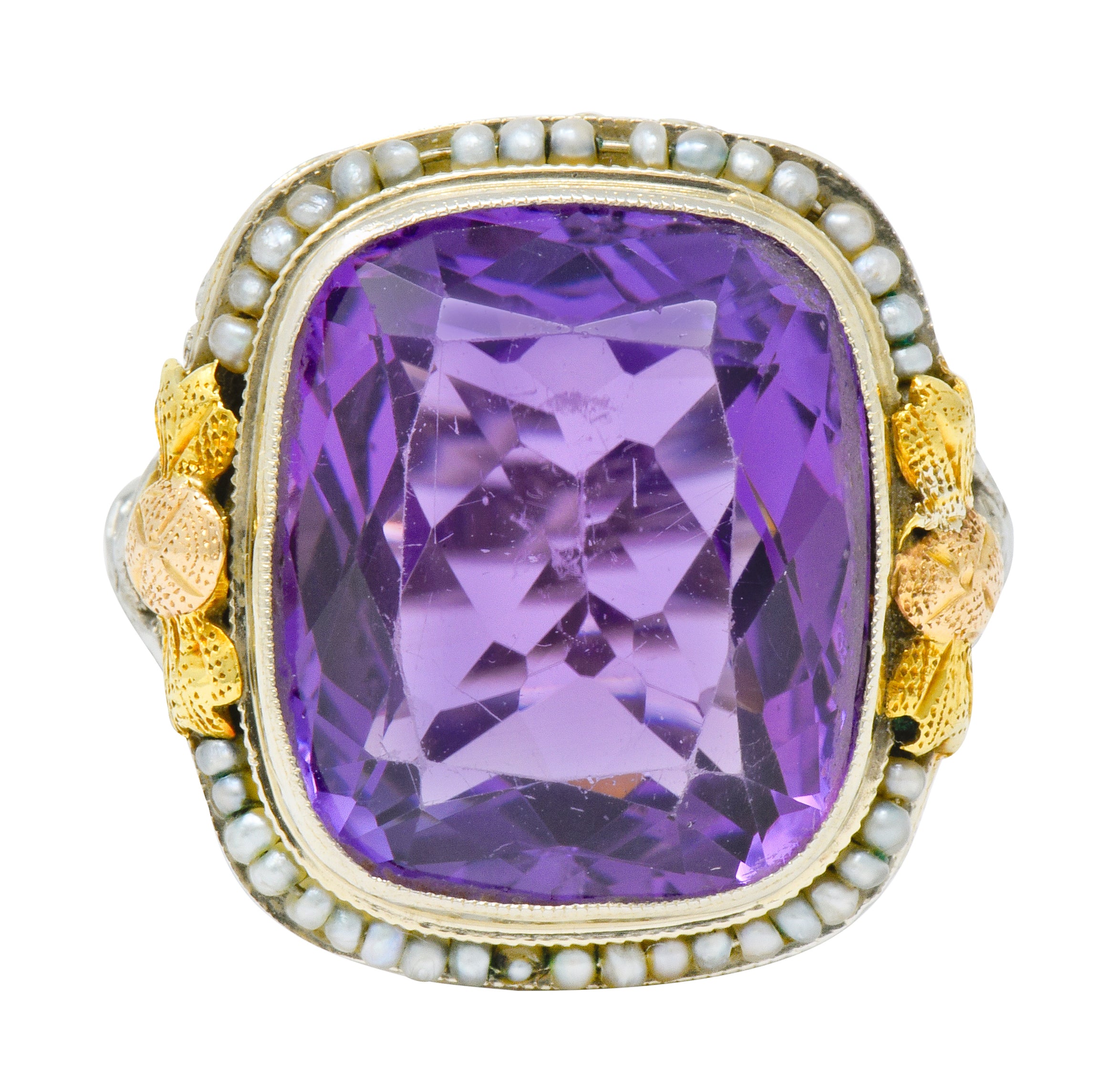 Bassett Jewelry Co. Art Deco 13.34 CTW Amethyst Pearl 18 Karat Tri-Colored Gold Cocktail Ring - Wilson's Estate Jewelry