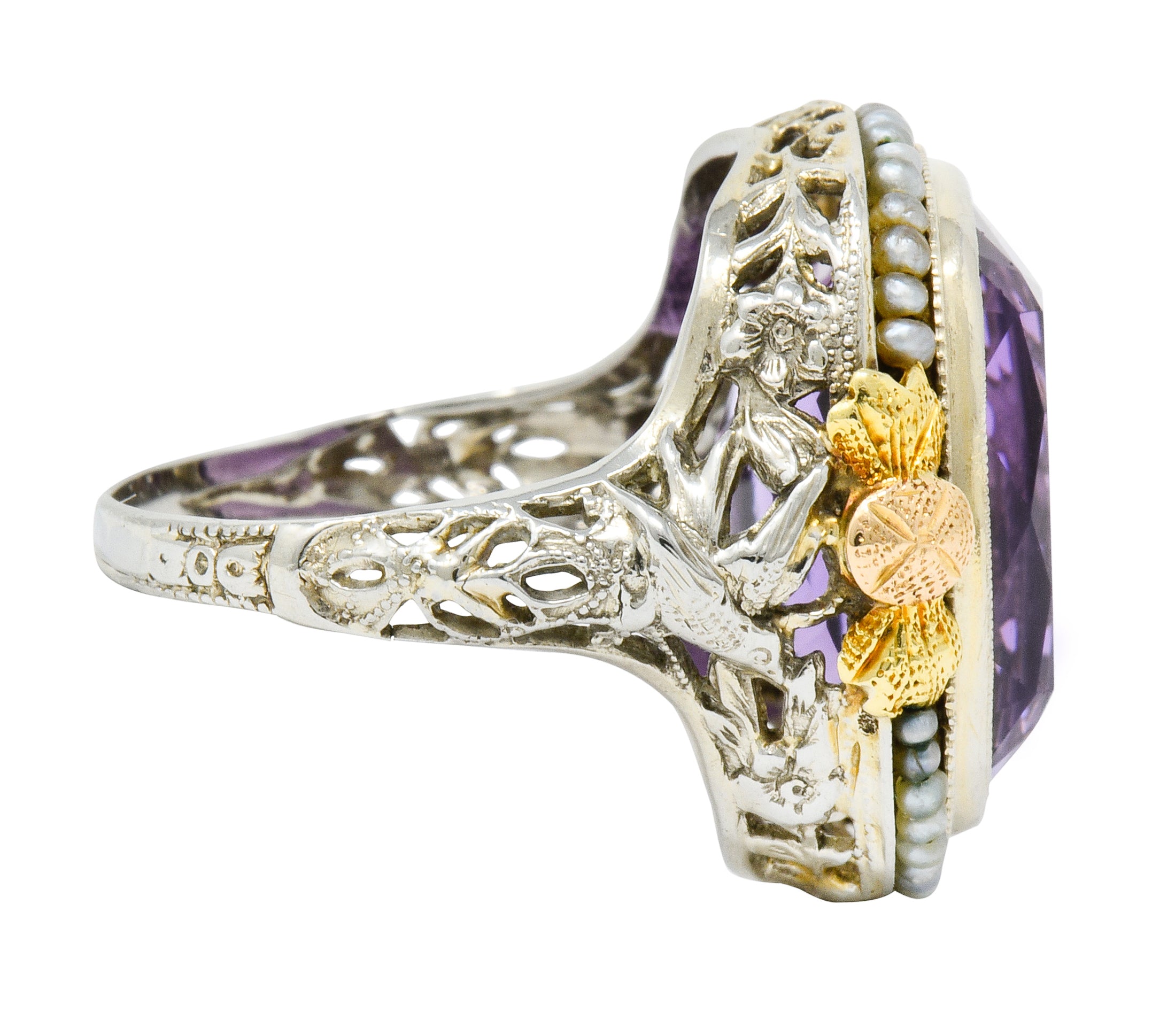 Bassett Jewelry Co. Art Deco 13.34 CTW Amethyst Pearl 18 Karat Tri-Colored Gold Cocktail Ring - Wilson's Estate Jewelry