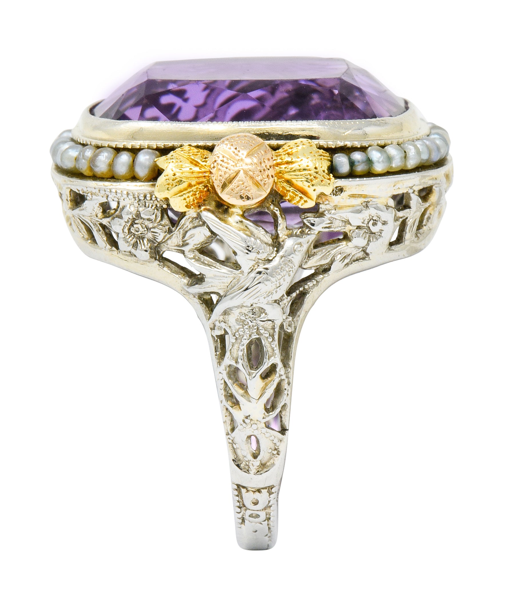 Bassett Jewelry Co. Art Deco 13.34 CTW Amethyst Pearl 18 Karat Tri-Colored Gold Cocktail Ring - Wilson's Estate Jewelry